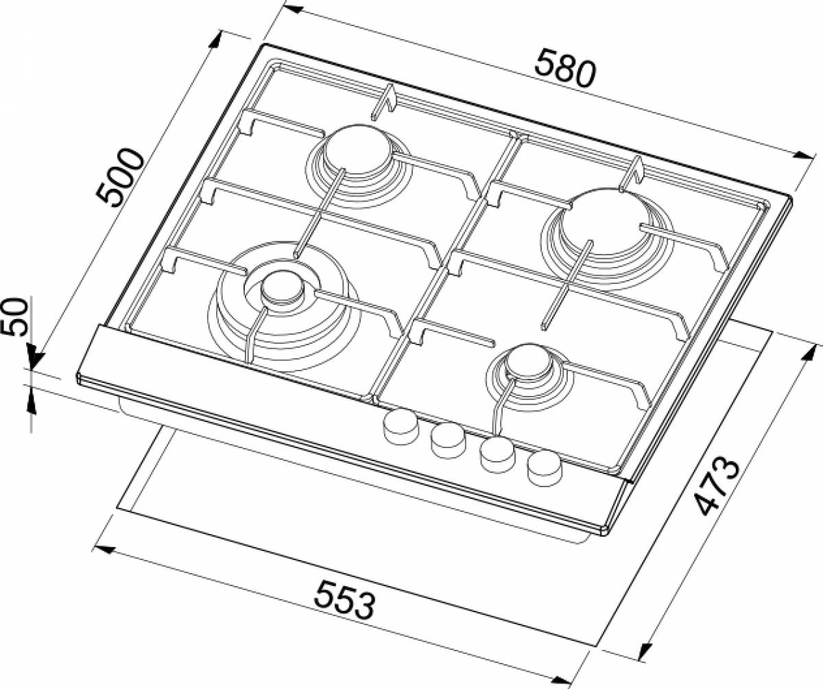 Widok z góry na kuchenkę gazową z czterema palnikami z wymiarami. Kuchenka jest obrysowana na czarno, z okrągłymi palnikami i pokrętłami.
