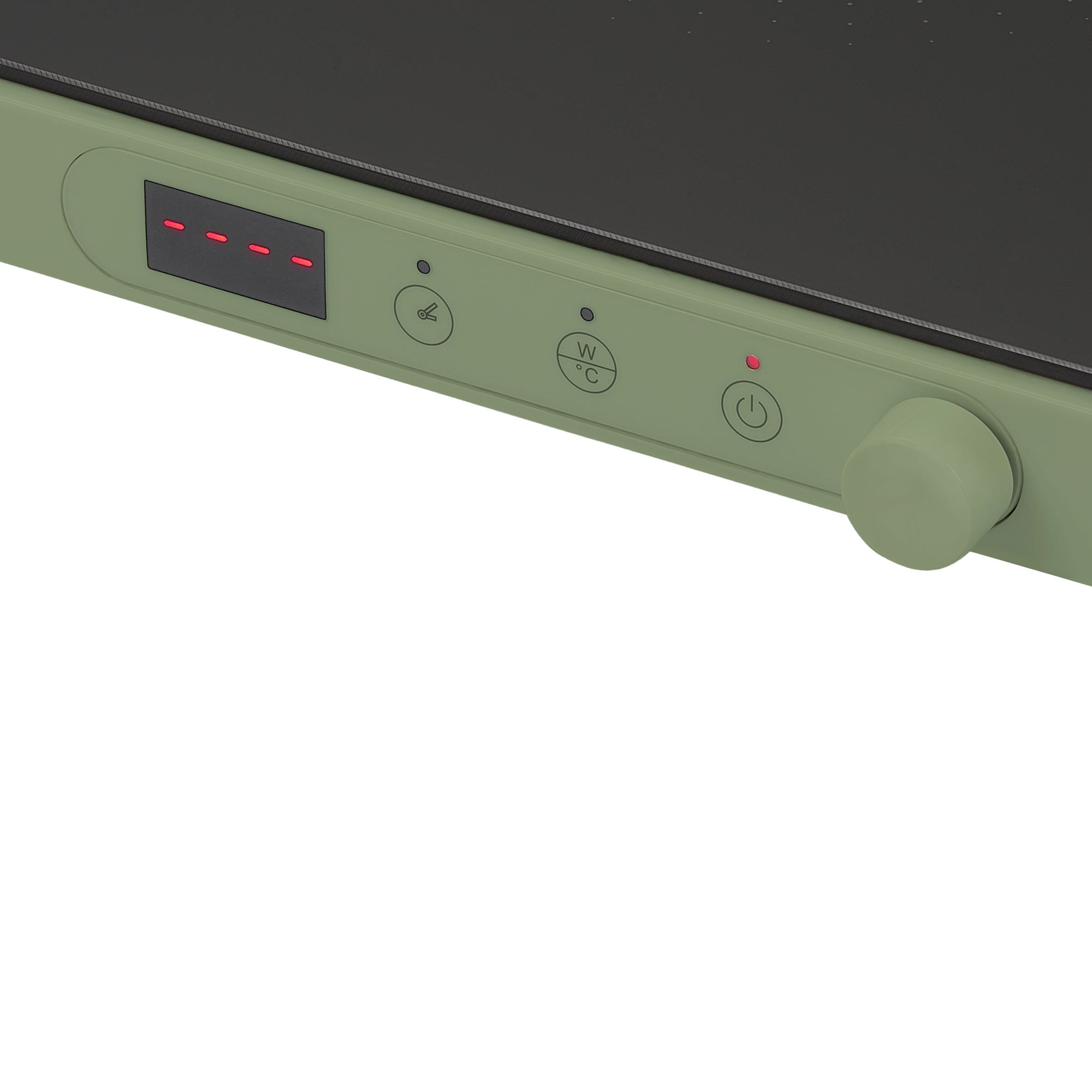 Szczegół oliwkowozielonej płyty indukcyjnej. Widoczne cztery czerwone światła, przycisk zasilania, regulacja temperatury i pokrętło.