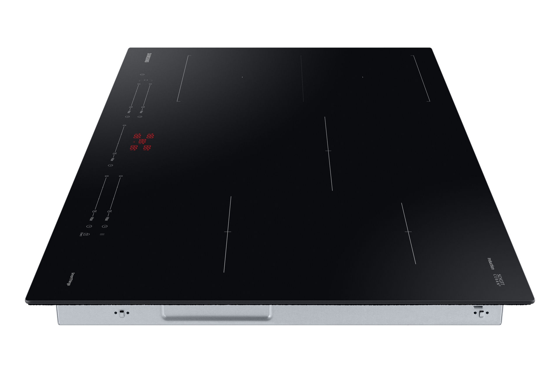 Czarna płyta indukcyjna z białymi oznaczeniami. Posiada czerwone wyświetlacze cyfrowe i srebrną metalową ramę. Widoczne jest logo Samsung.