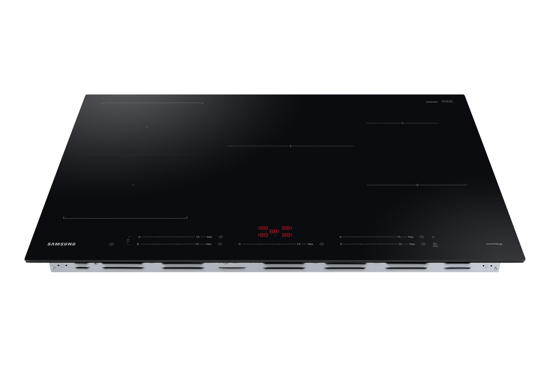 Czarna płyta indukcyjna Samsung z cyfrowym wyświetlaczem, sterowaniem dotykowym i srebrną ramką.