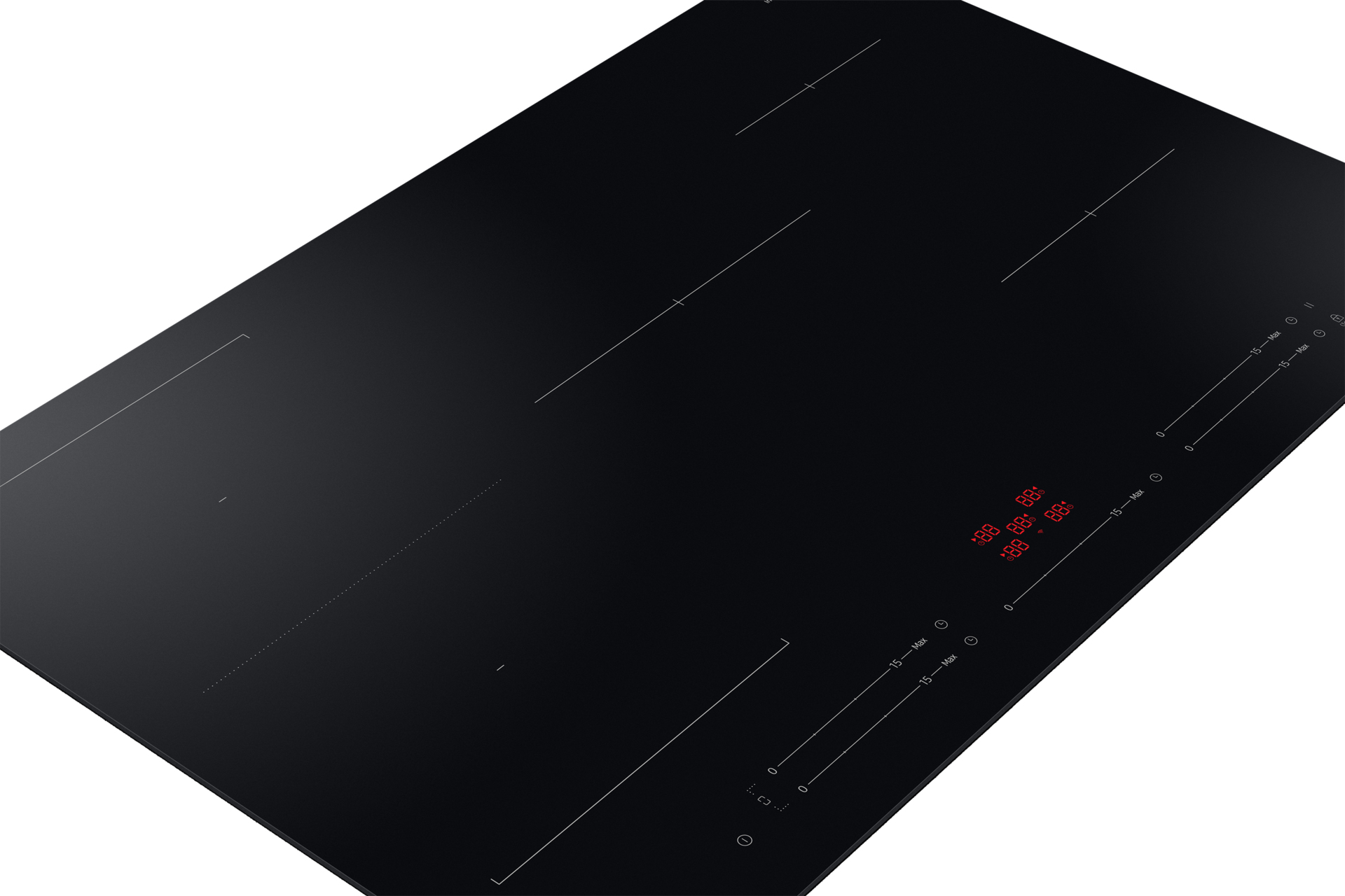 Czarna płyta indukcyjna z wieloma strefami gotowania. Wyświetlacze cyfrowe pokazują liczby. Panel sterowania z ustawieniami mocy i czasu.