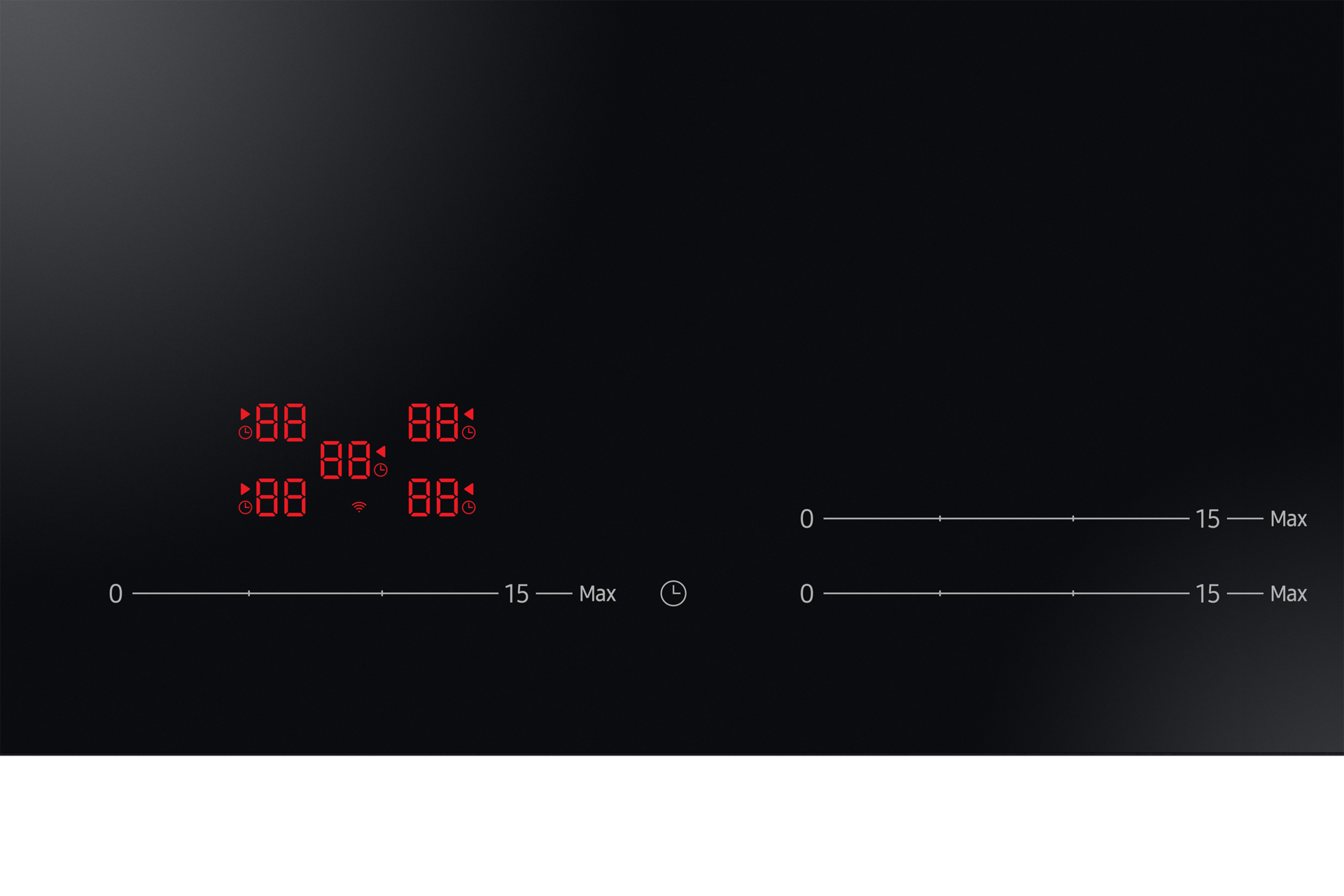 Czarna płyta grzewcza z czerwonymi wyświetlaczami cyfrowymi pokazującymi liczby. Zawiera timer i wskaźniki poziomu mocy od 0 do 15.