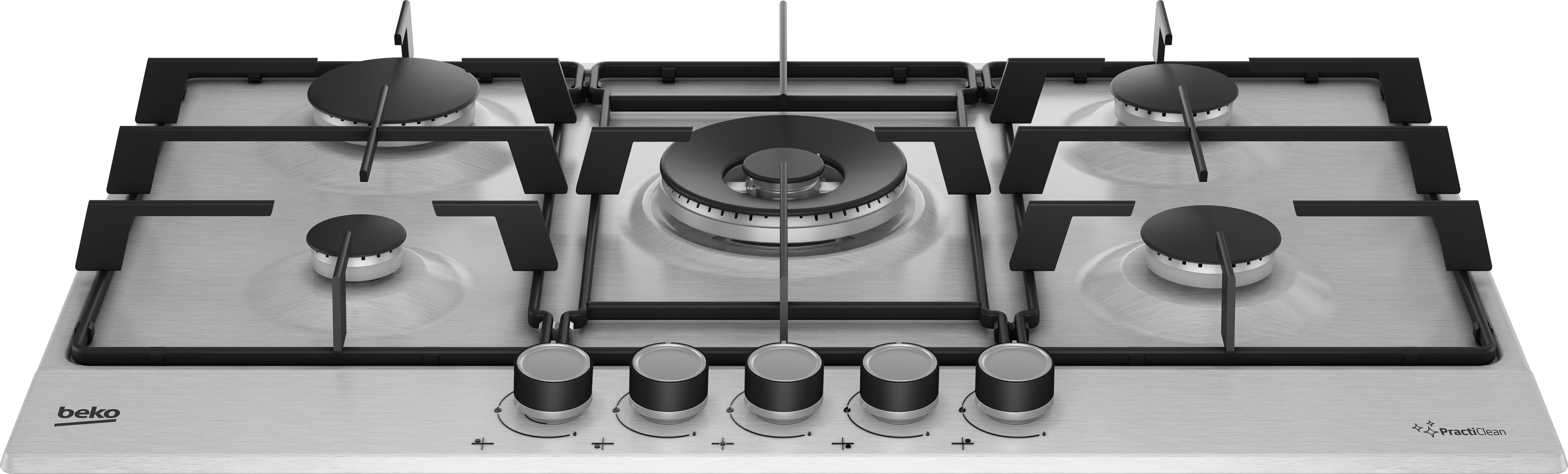 Un piano cottura a gas argentato con cinque fuochi, griglie nere e manopole. Il marchio 'beko' è visibile.