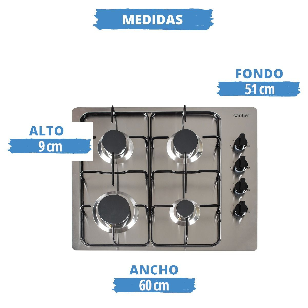 Una cocina de gas Sauber de acero inoxidable con cuatro quemadores y mandos. Dimensiones: 9 cm alto, 51 cm fondo y 60 cm ancho.