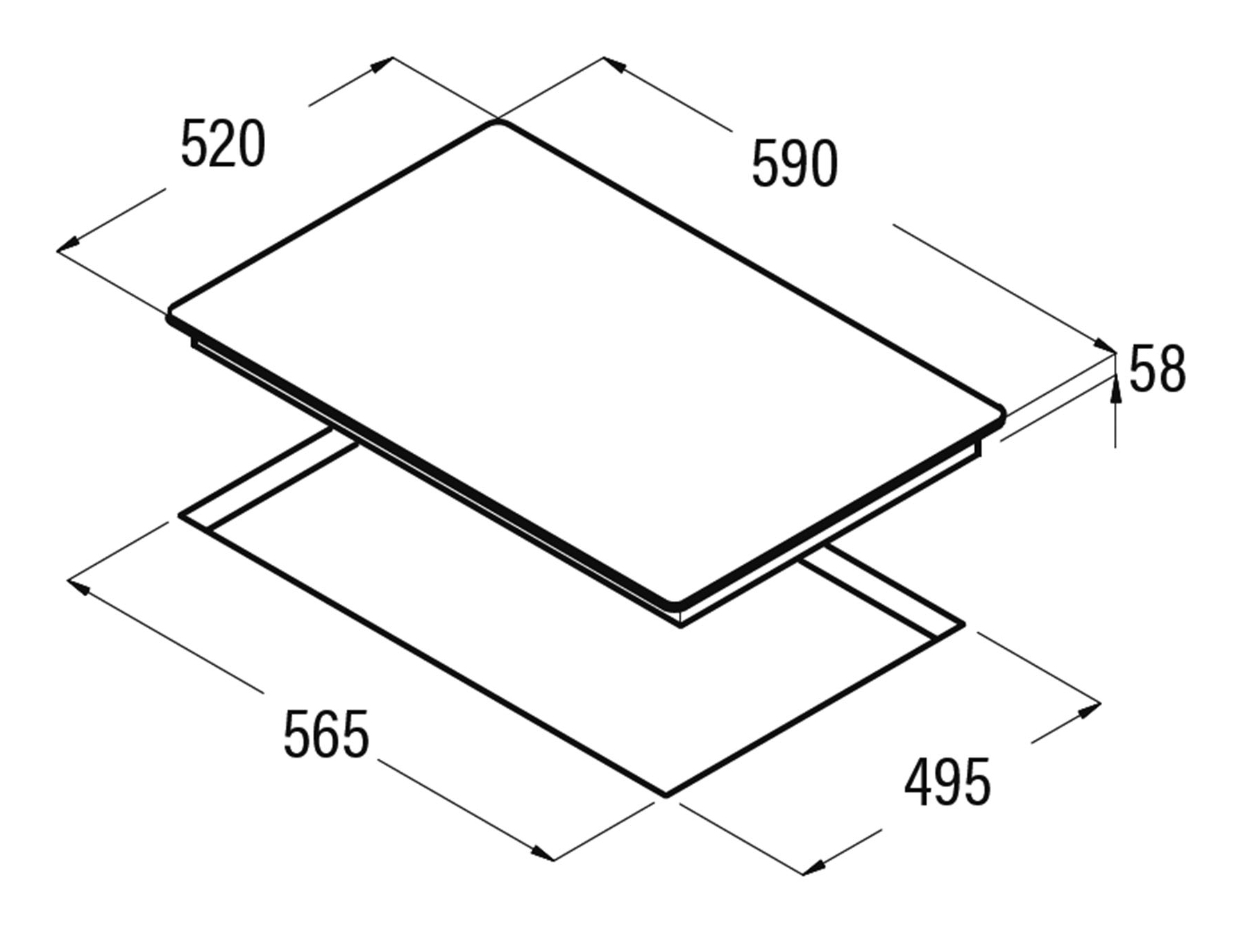 Vista isometrica di un piano cottura con dimensioni. Rettangolo superiore: 520x590x58. Rettangolo inferiore: 565x495.