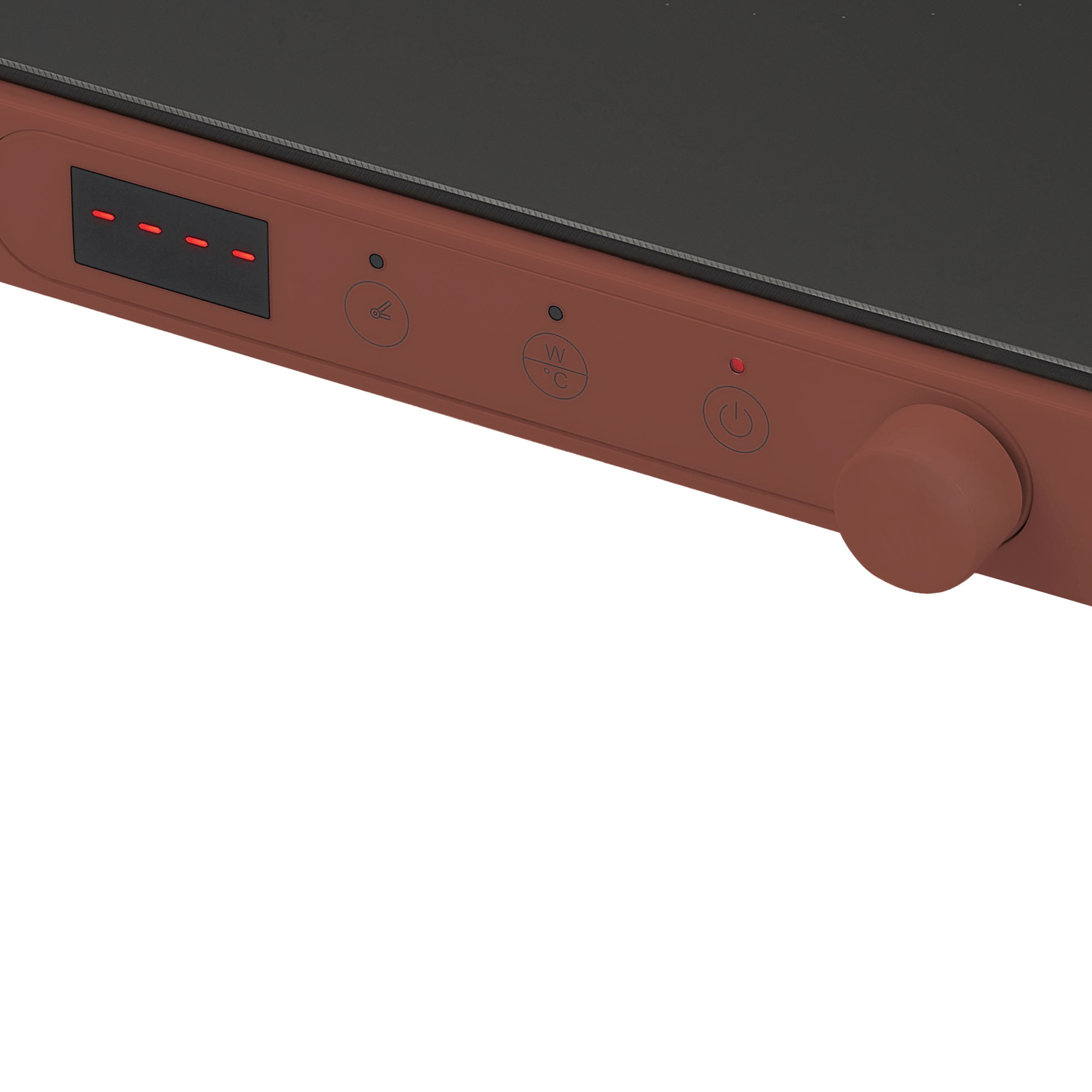 Zbliżenie brązowego panelu sterowania kuchenki. Ma pokrętło, przycisk zasilania i inne ustawienia.