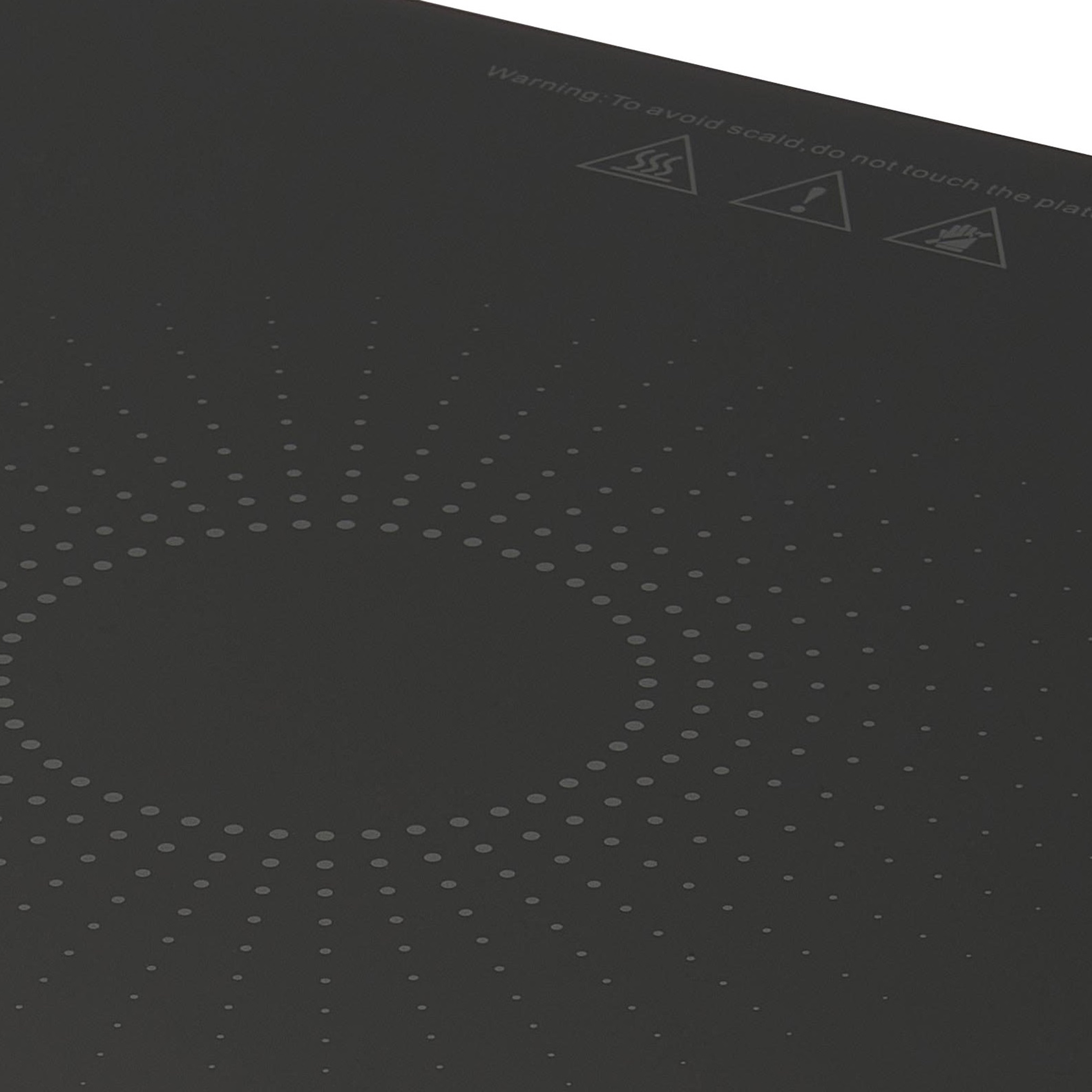 Czarna powierzchnia z ostrzeżeniem przed oparzeniem. Widoczne trzy ikony ostrzegawcze. Kropkowany wzór w tle.