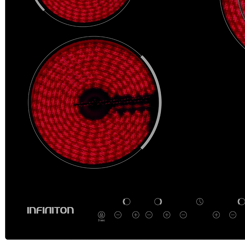 Un piano cottura a induzione nero con tre zone di cottura incandescenti. Pannello di controllo in basso con il marchio e comandi touch.