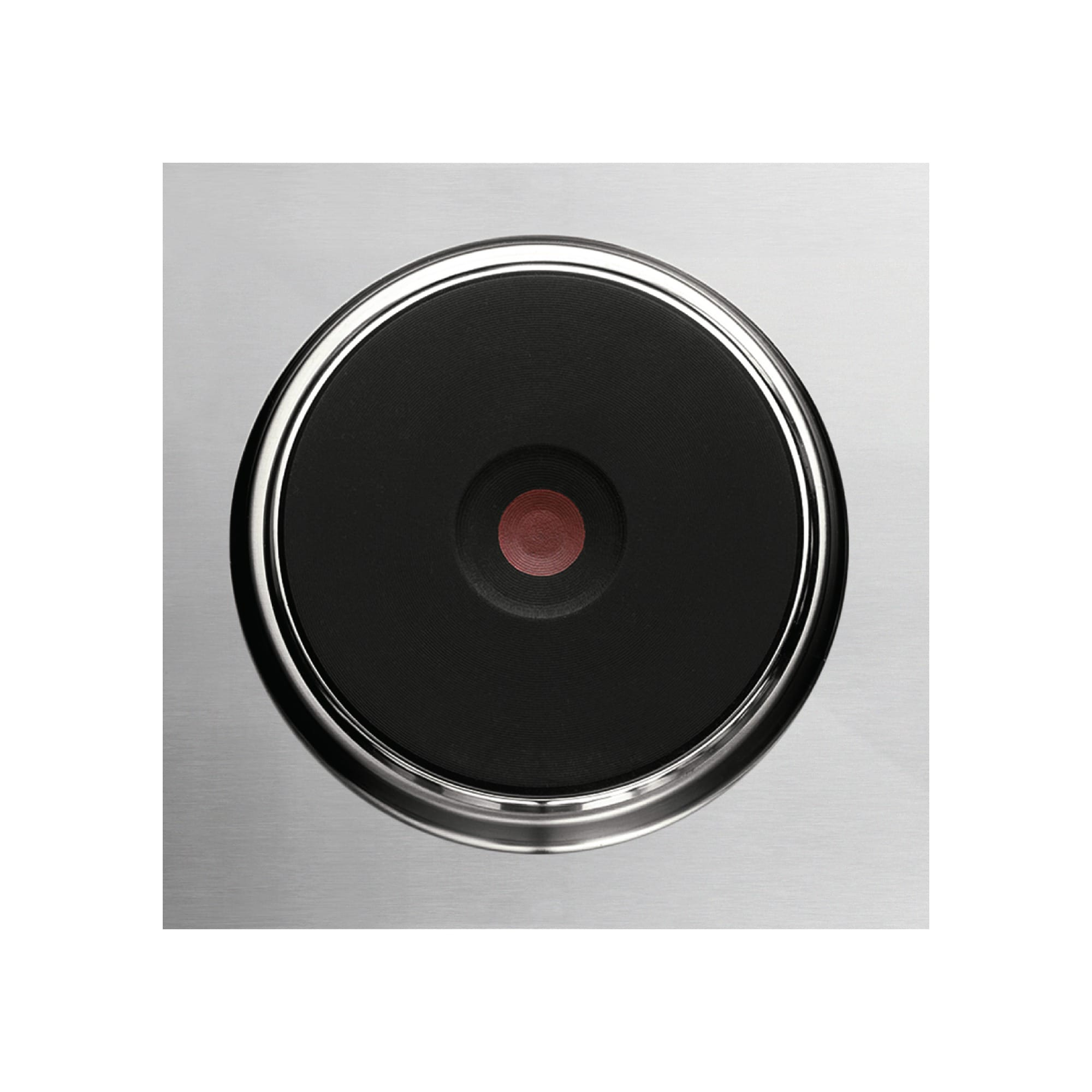 Zbliżenie czarnego palnika elektrycznego z czerwonym środkiem, osadzonego w srebrnej metalowej powierzchni.