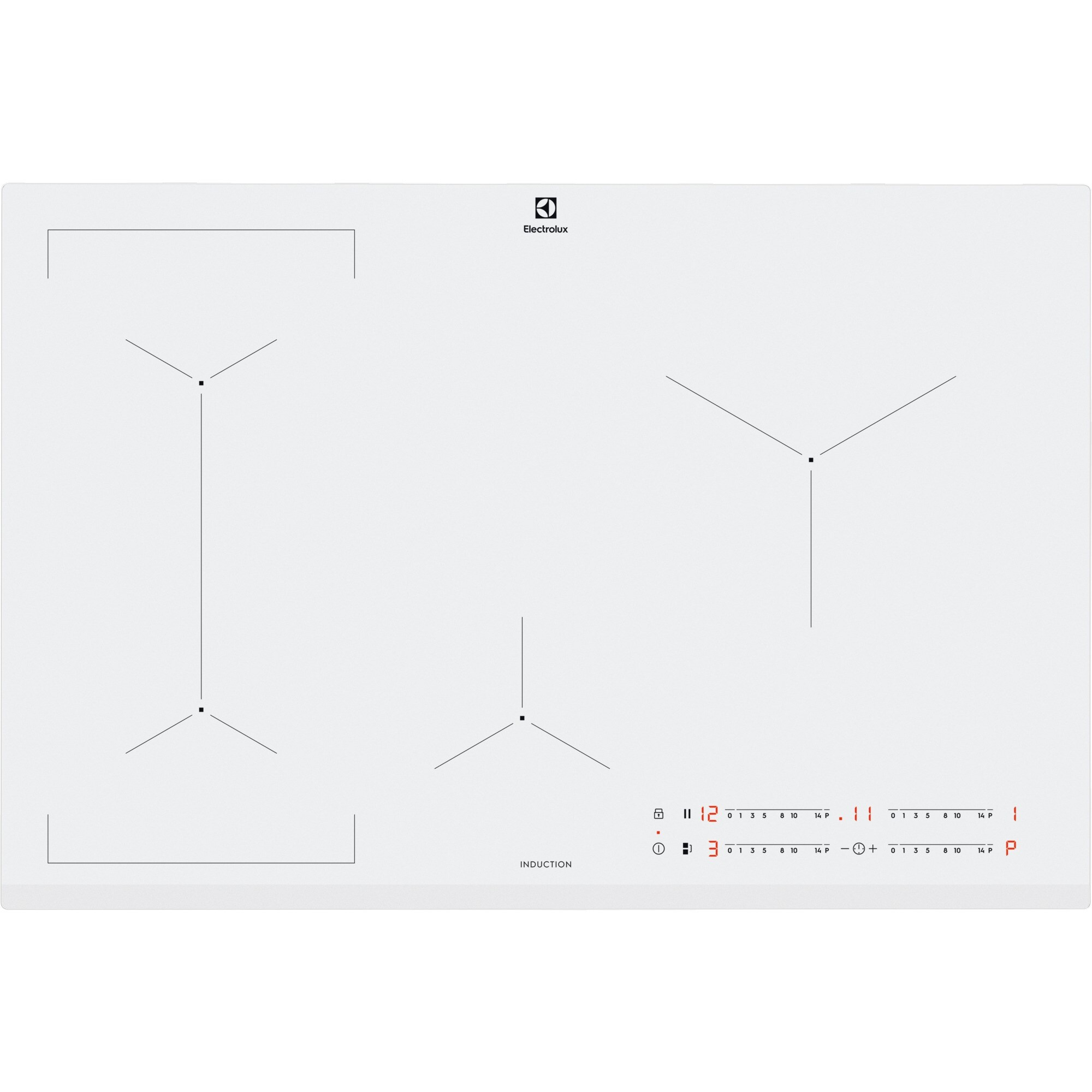 Biała płyta indukcyjna z trzema strefami gotowania. Logo Electrolux u góry. Panel sterowania z cyframi i symbolami po prawej.