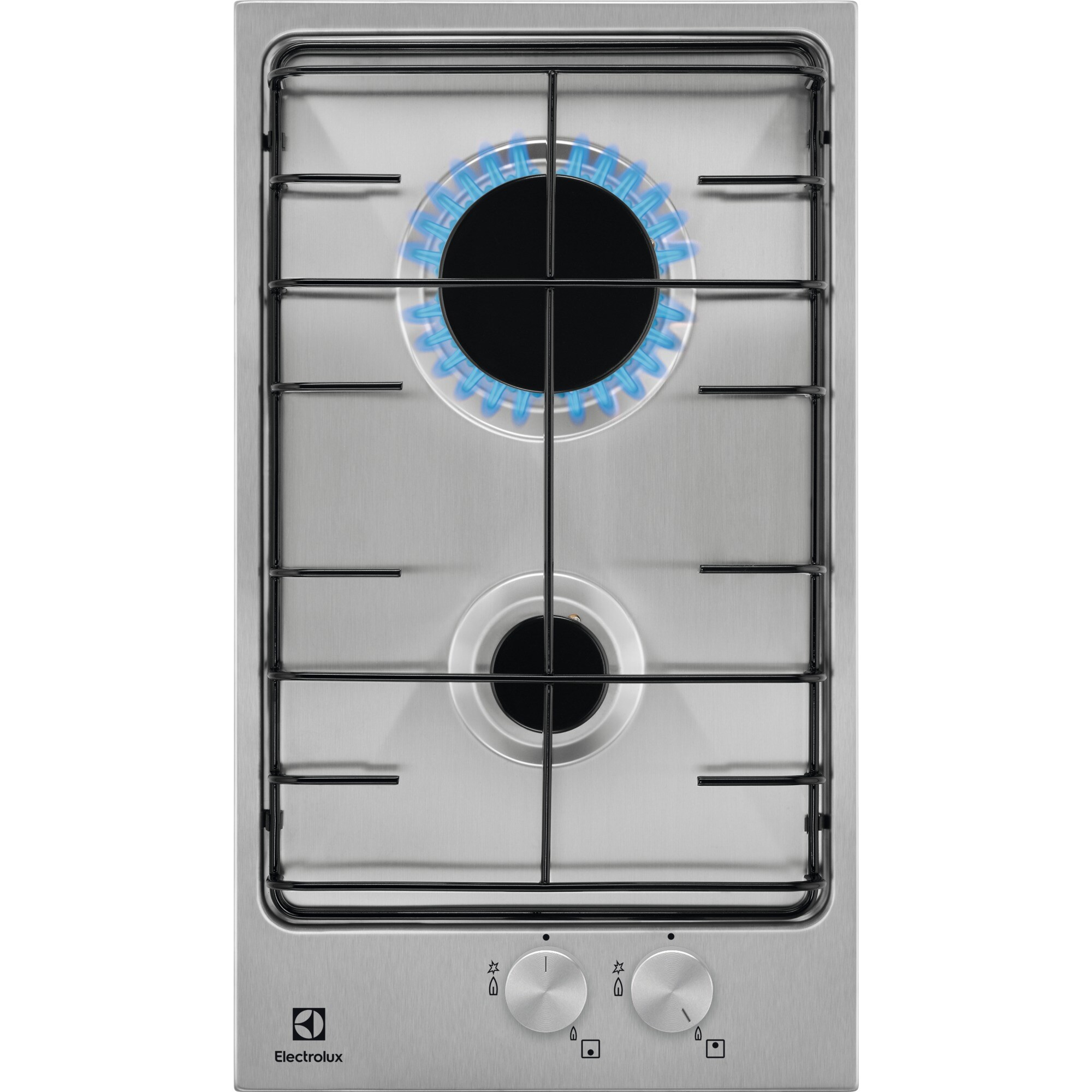 Płyta gazowa ze stali nierdzewnej z dwoma palnikami i pokrętłami. Jeden palnik ma niebieskie płomienie. Logo Electrolux.