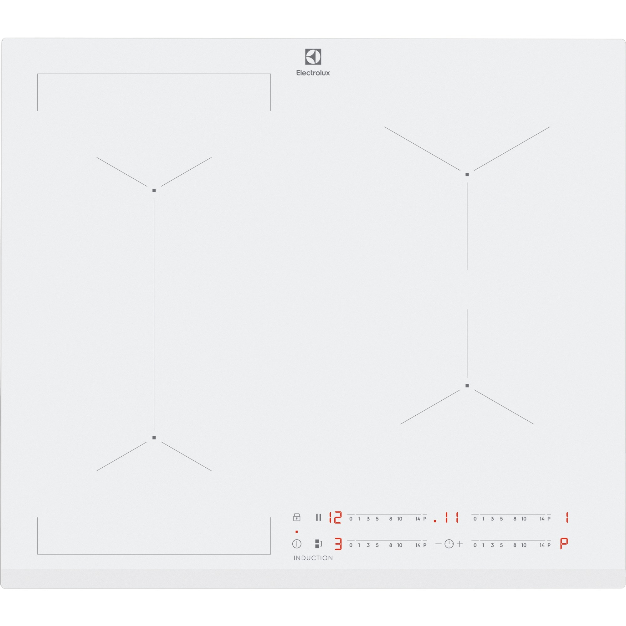 Biała płyta indukcyjna Electrolux z czterema strefami gotowania. Posiada sterowanie dotykowe i wyświetlacz cyfrowy.