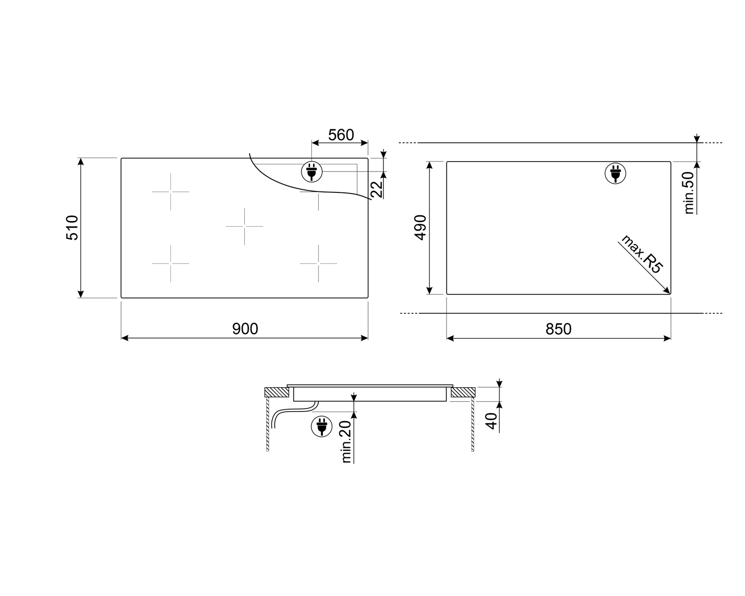 Disegno tecnico di un piano cottura. Viste dall'alto e laterali con dimensioni. Simboli per collegamenti elettrici e posizioni dei bruciatori.