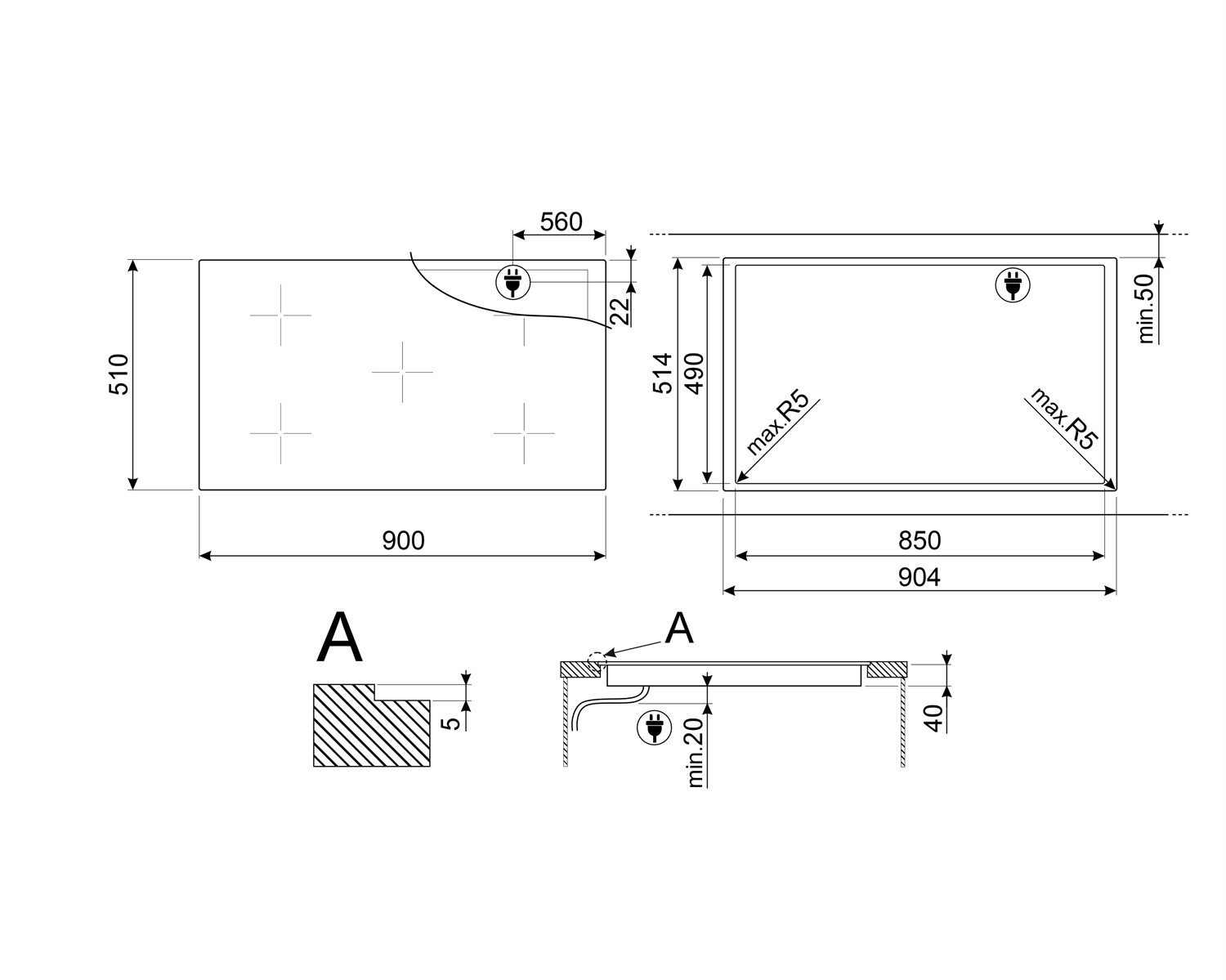 Disegno tecnico di un piano cottura con dimensioni in millimetri. Include viste dall'alto e laterali. Mostra i dettagli della presa di corrente e del raggio degli angoli.