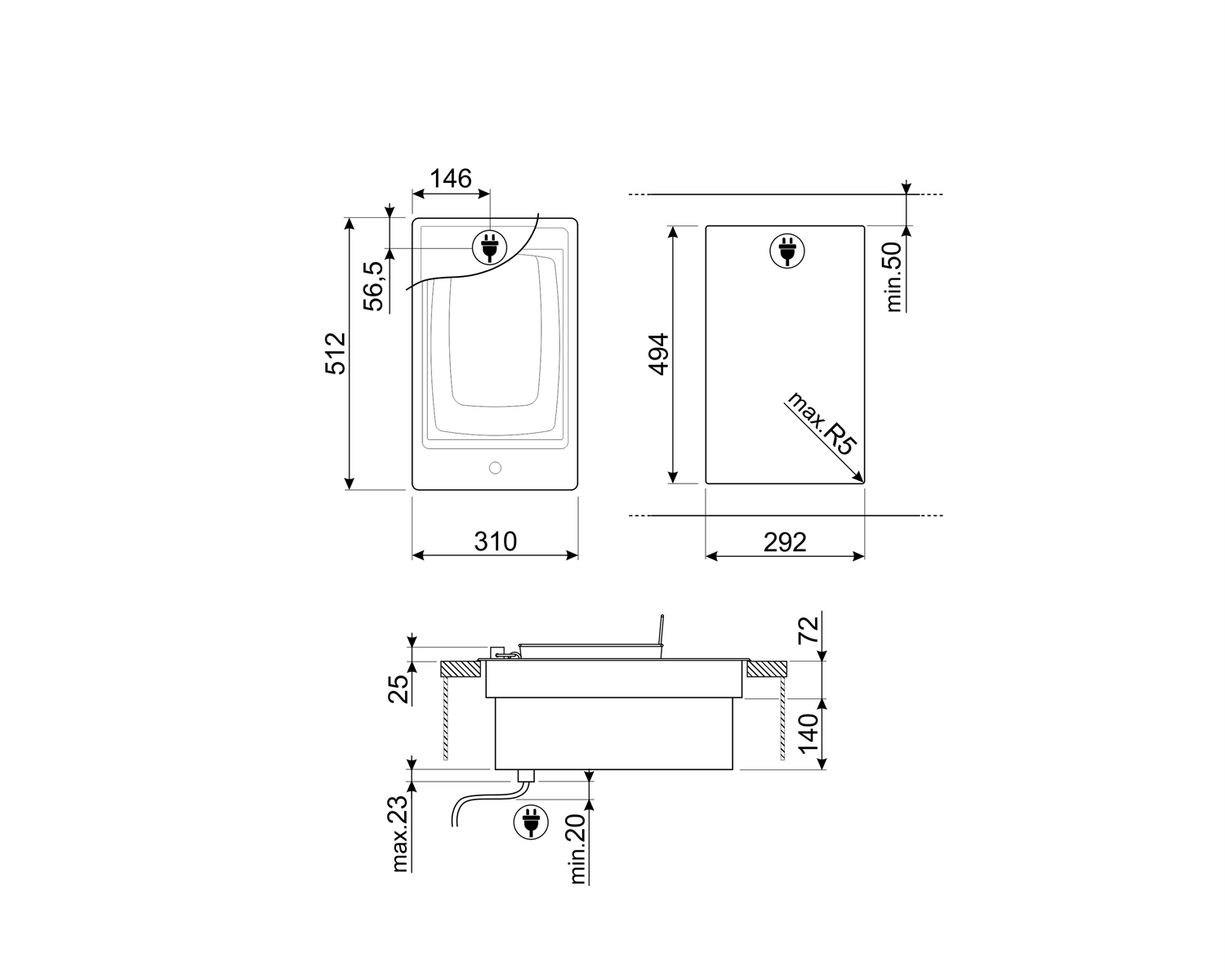Dibujo técnico de un fregadero rectangular con dimensiones y símbolos de toma de corriente. Vistas superior, lateral y frontal.