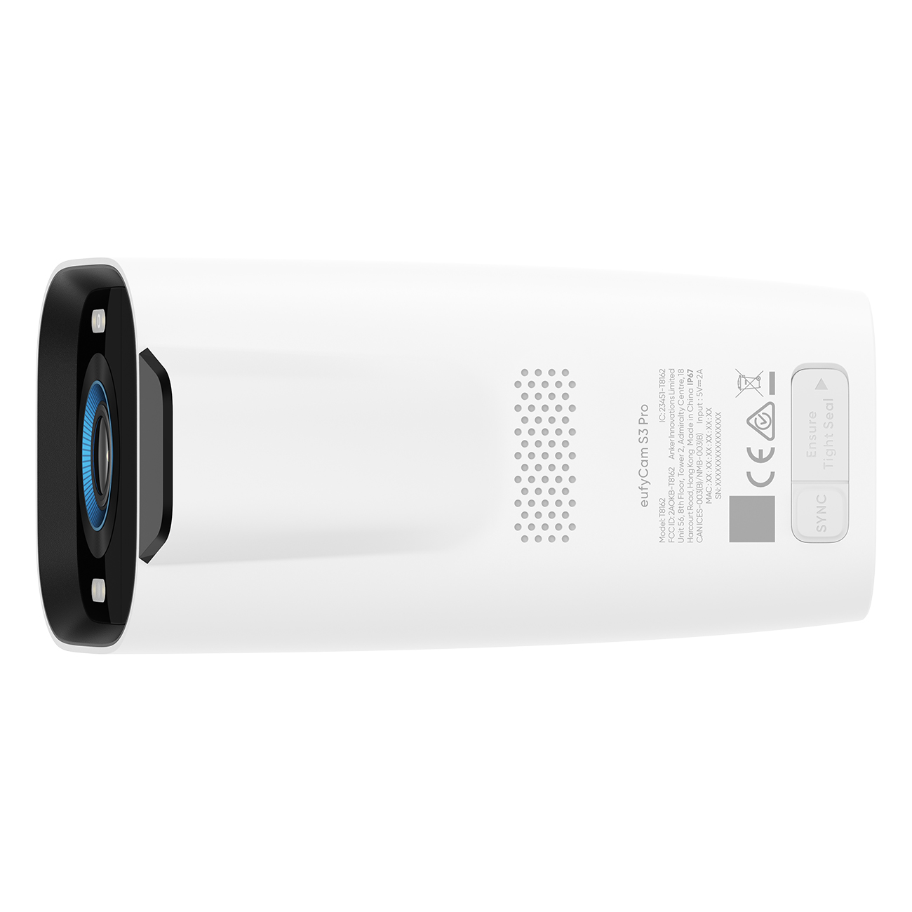 Biała kamera bezpieczeństwa eufyCam S3 Pro z czarnym przodem. Ma niebieski obiektyw i różne etykiety z tyłu.