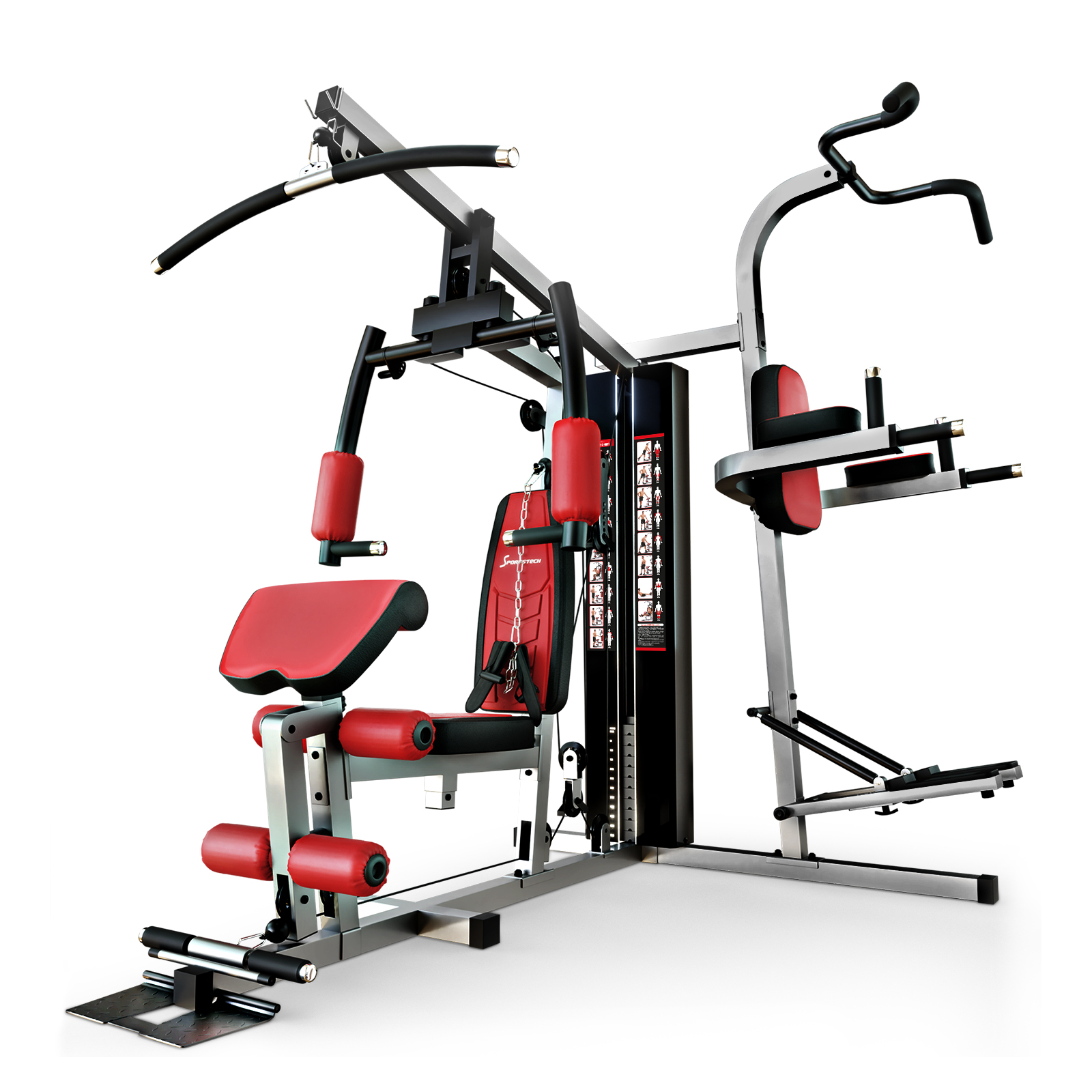 Ein Mehrstationen-Heim-Fitnessstudio mit roter und schwarzer Polsterung. Es hat verschiedene Trainingsstationen und einen Gewichtsblock.