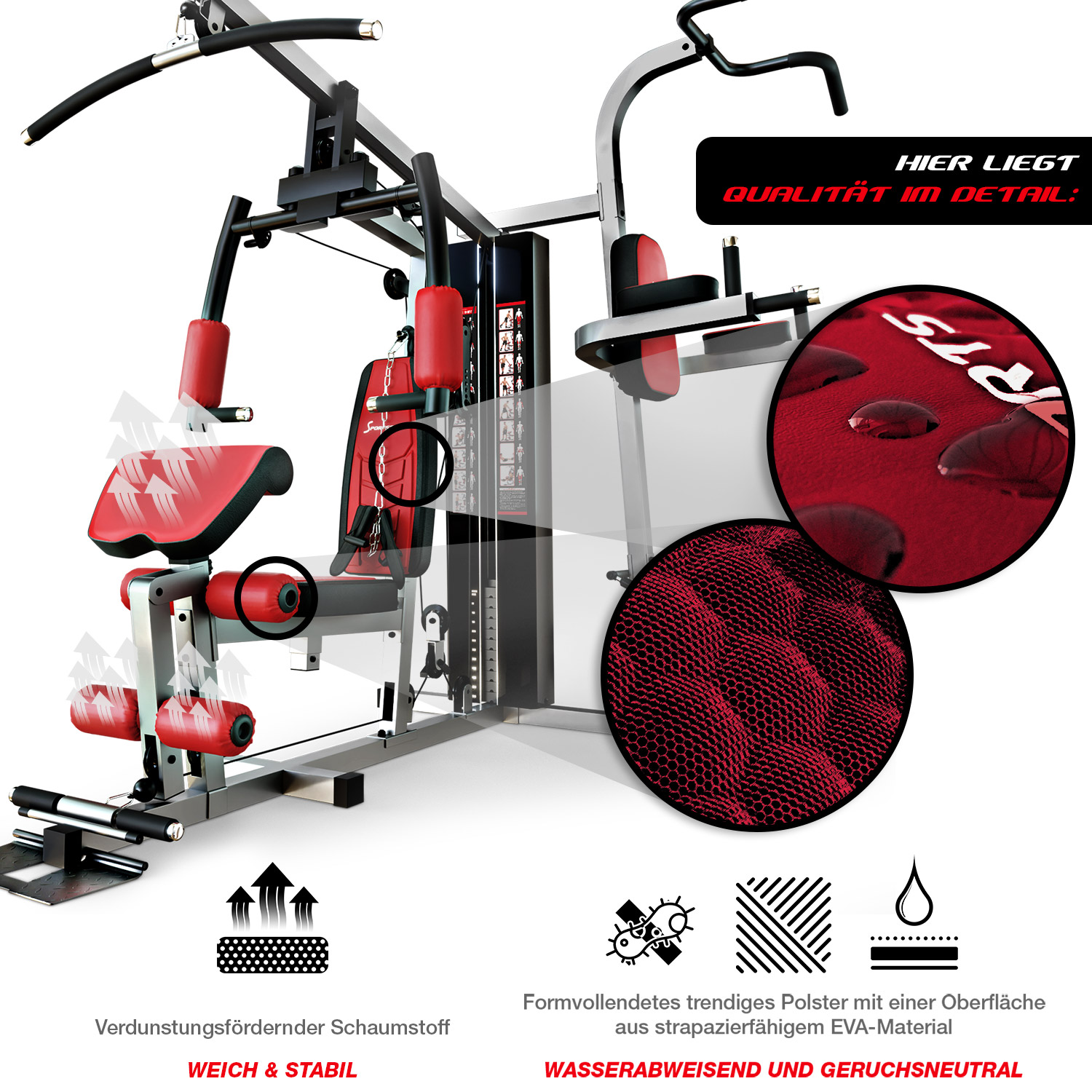 Eine Fitnessmaschine mit roter und schwarzer Polsterung. Text hebt Merkmale wie Wasserfestigkeit und verdunstungsfördernden Schaum hervor.