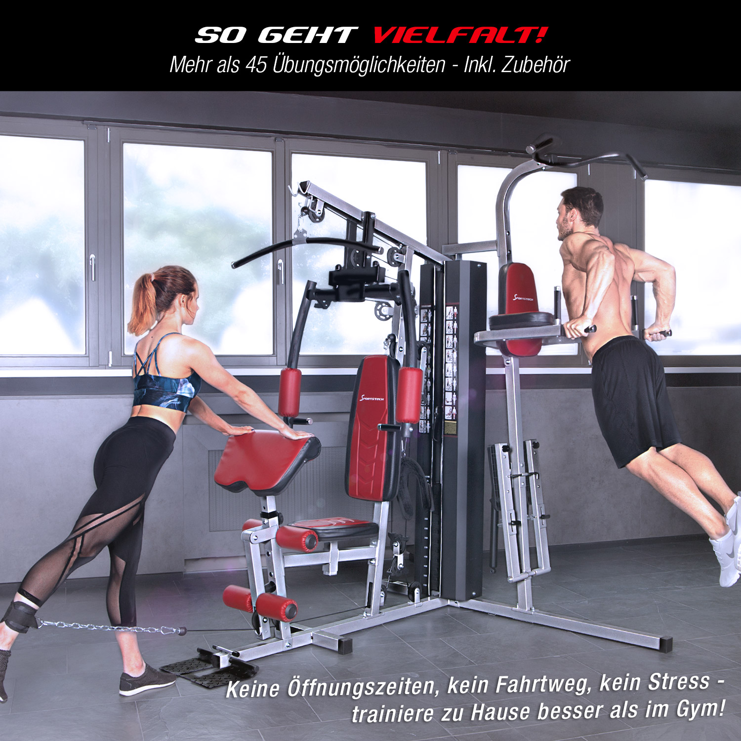 Zwei Personen trainieren in einem Home-Gym. Eine Frau macht Beinübungen, ein Mann macht Dips. Fitnessgeräte stehen im Mittelpunkt.