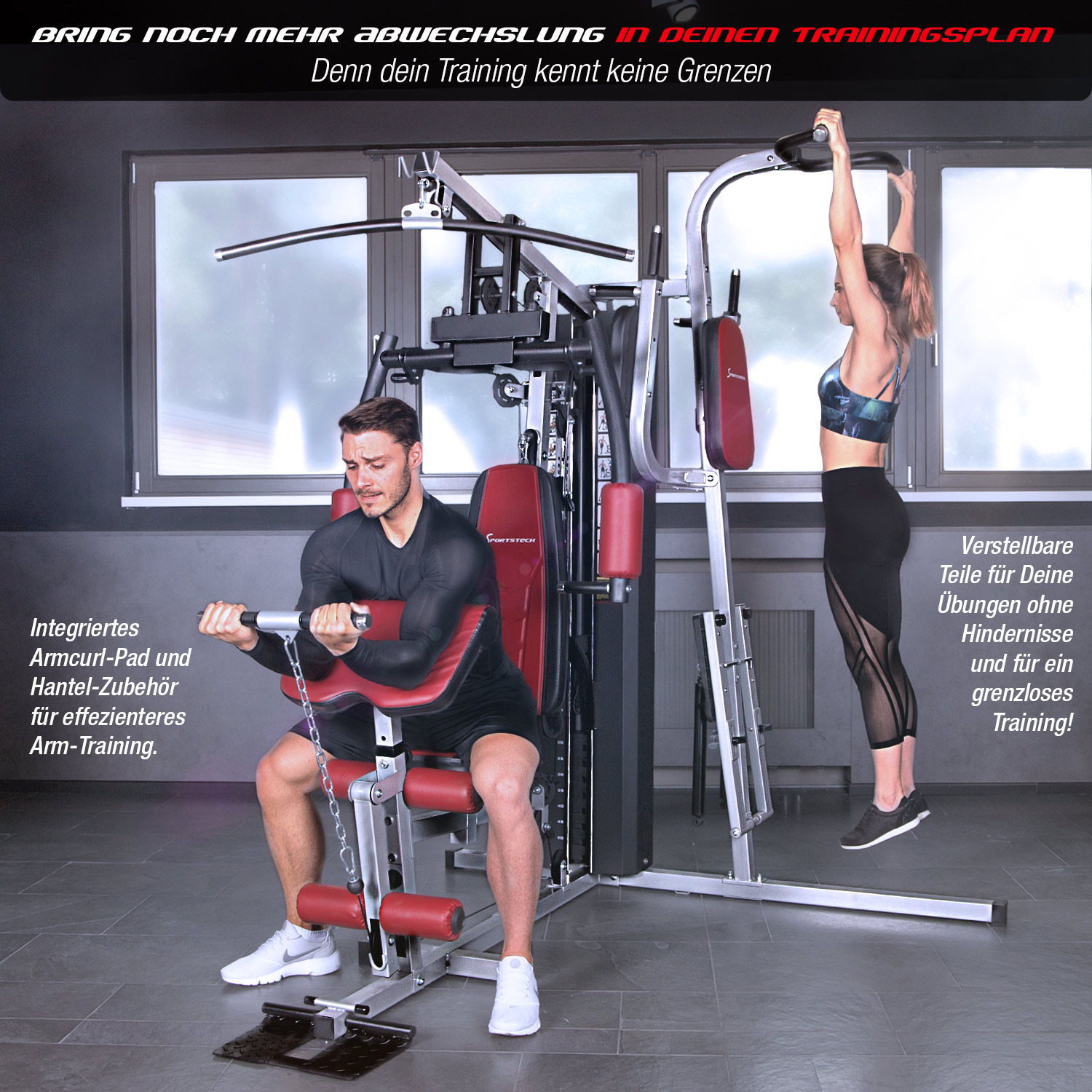 Ein Mann benutzt eine Armcurl-Maschine, während eine Frau Klimmzüge macht. Beide sind in einem Fitnessstudio. Die Maschine ist rot und silber.