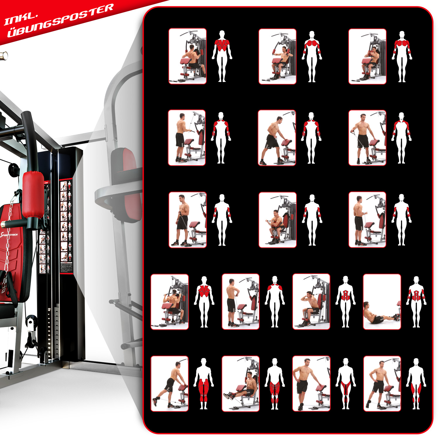 Eine Fitnessmaschine mit rotem und schwarzem Design. Ein Poster zeigt Trainingsdiagramme mit hervorgehobenen Muskelgruppen und Übungsbeispielen.