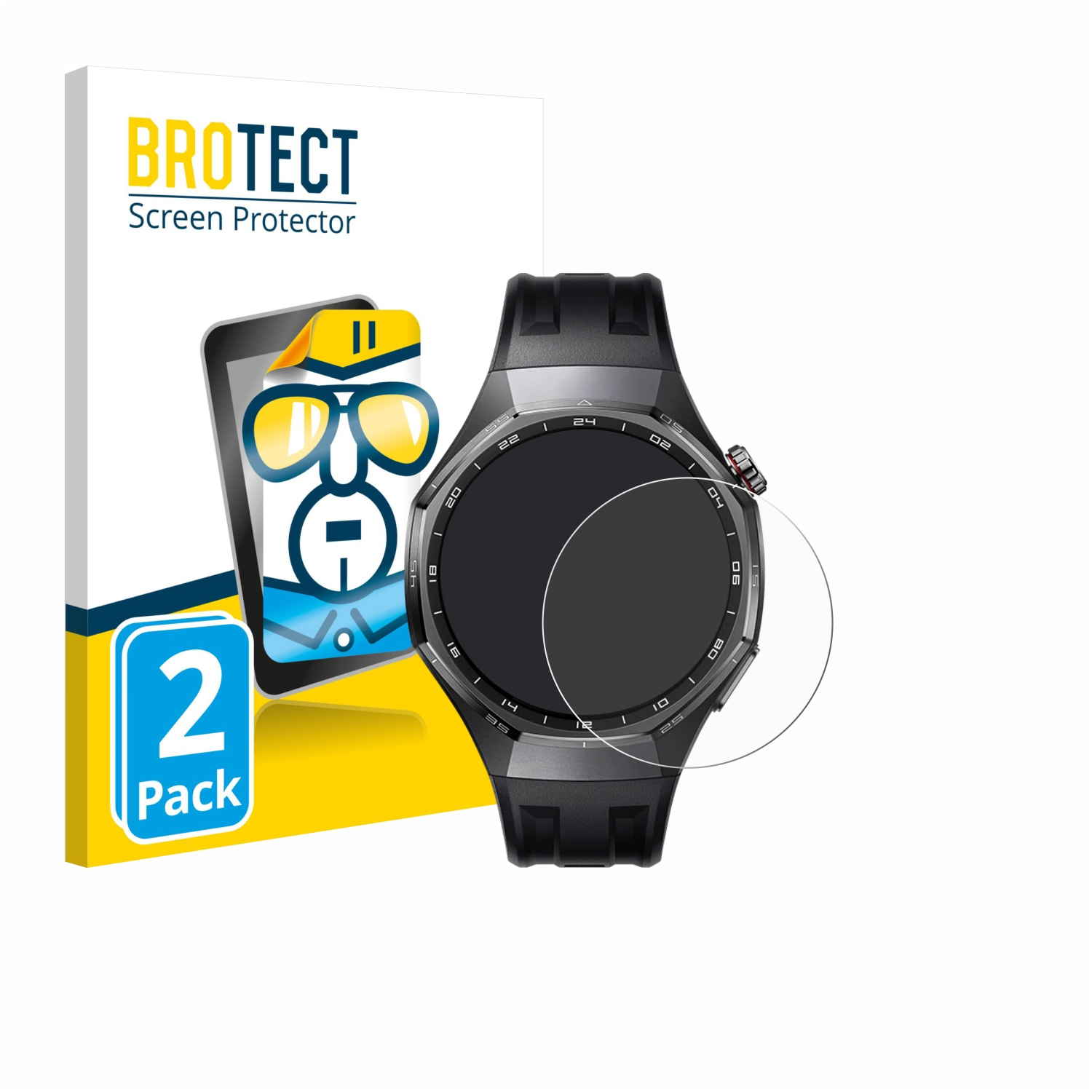 Eine Smartwatch und ein Displayschutz werden angezeigt. Auf der linken Seite befindet sich eine Packung Displayschutzfolien. Die Uhr ist schwarz mit einem Displayschutz.
