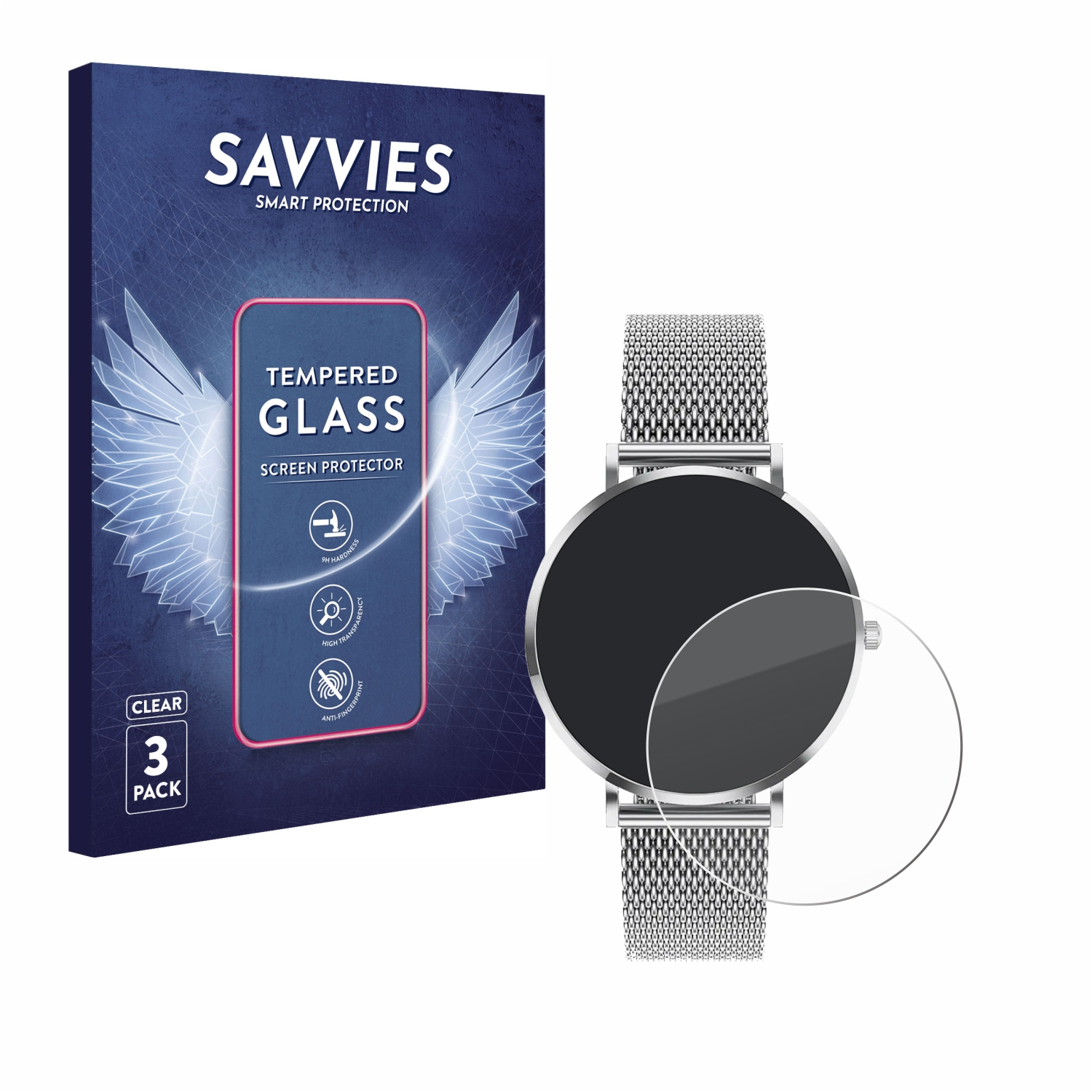 Eine Smartwatch mit Displayschutzfolie. Eine Schachtel mit dem Markennamen SAVVIES und den Worten Tempered Glass. Klare 3er-Packung.
