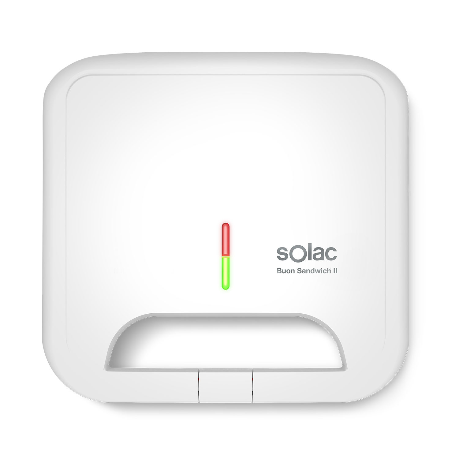 Biała opiekacz do kanapek Solac Buon Sandwich II jest pokazany na białym tle. Ma czerwony i zielony wskaźnik świetlny.