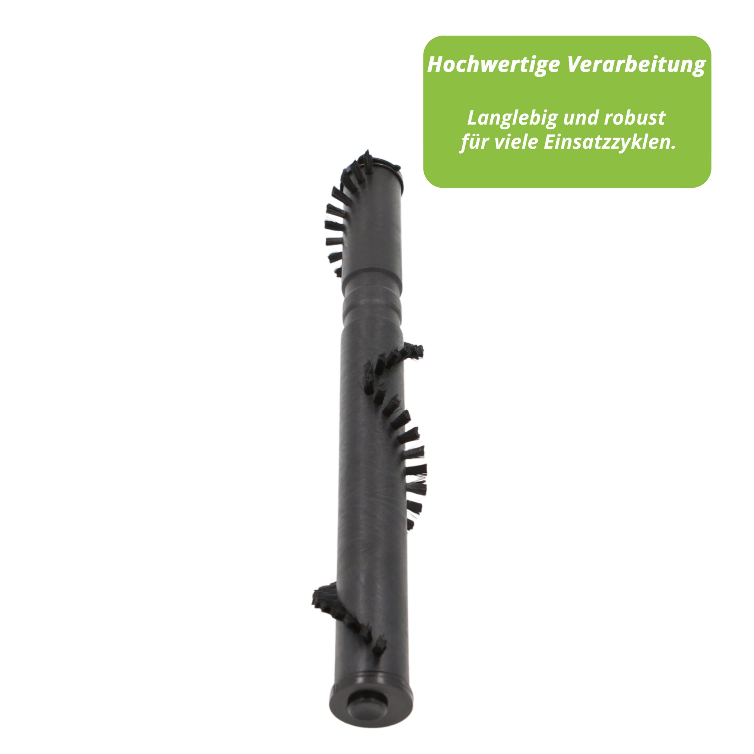 Eine schwarze Staubsaugerwalzenbürste auf weißem Hintergrund. Sie hat Borsten und eine zylindrische Form.