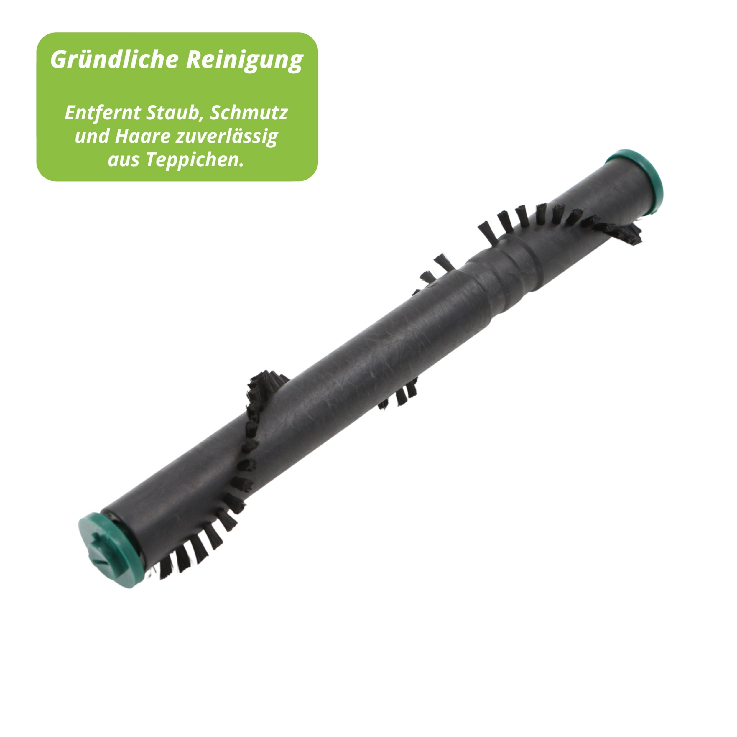 Eine Staubsaugerbürstenwalze mit schwarzen Borsten und grünen Endkappen, vor weißem Hintergrund.