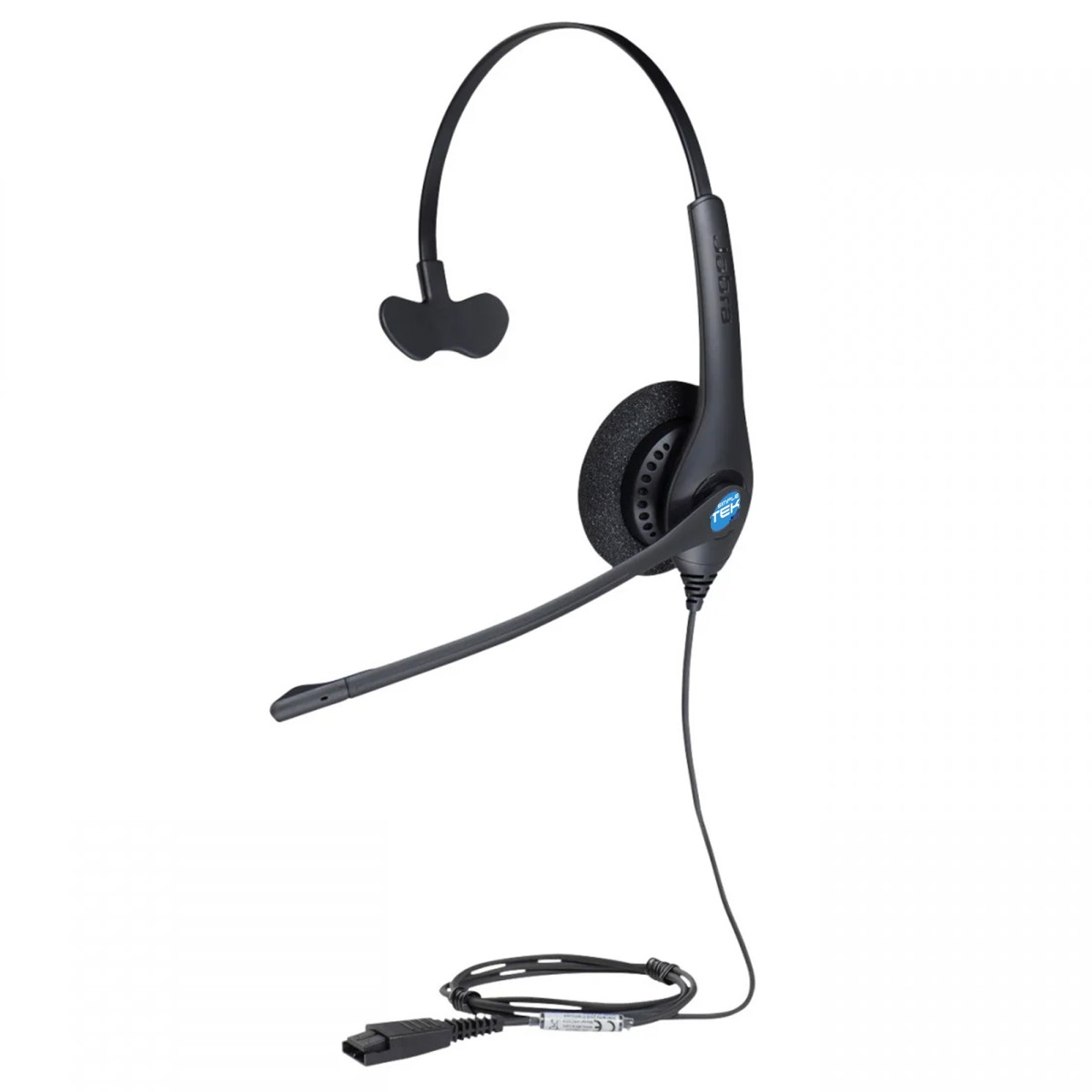 Un auricular negro con micrófono. El auricular tiene un diseño sobre la cabeza y un cable con conector.