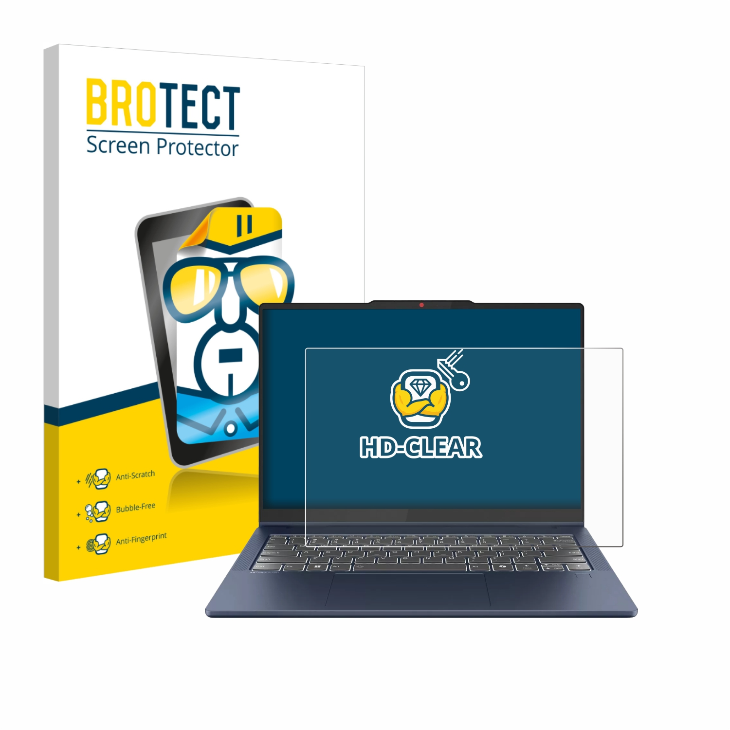 Ein Laptop mit Displayschutzfolie neben der Verpackung. Die Verpackung zeigt ein Bild des Displayschutzes und Eigenschaften.