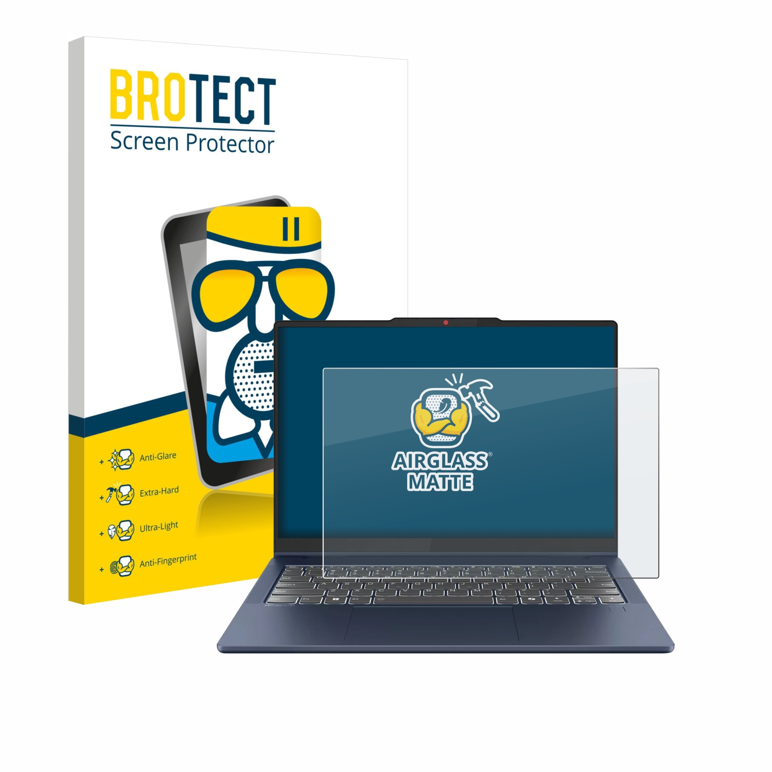 Laptop mit Displayschutzfolie, eine Box mit den Funktionen der Displayschutzfolie und dem Markennamen 'BROTECT'.