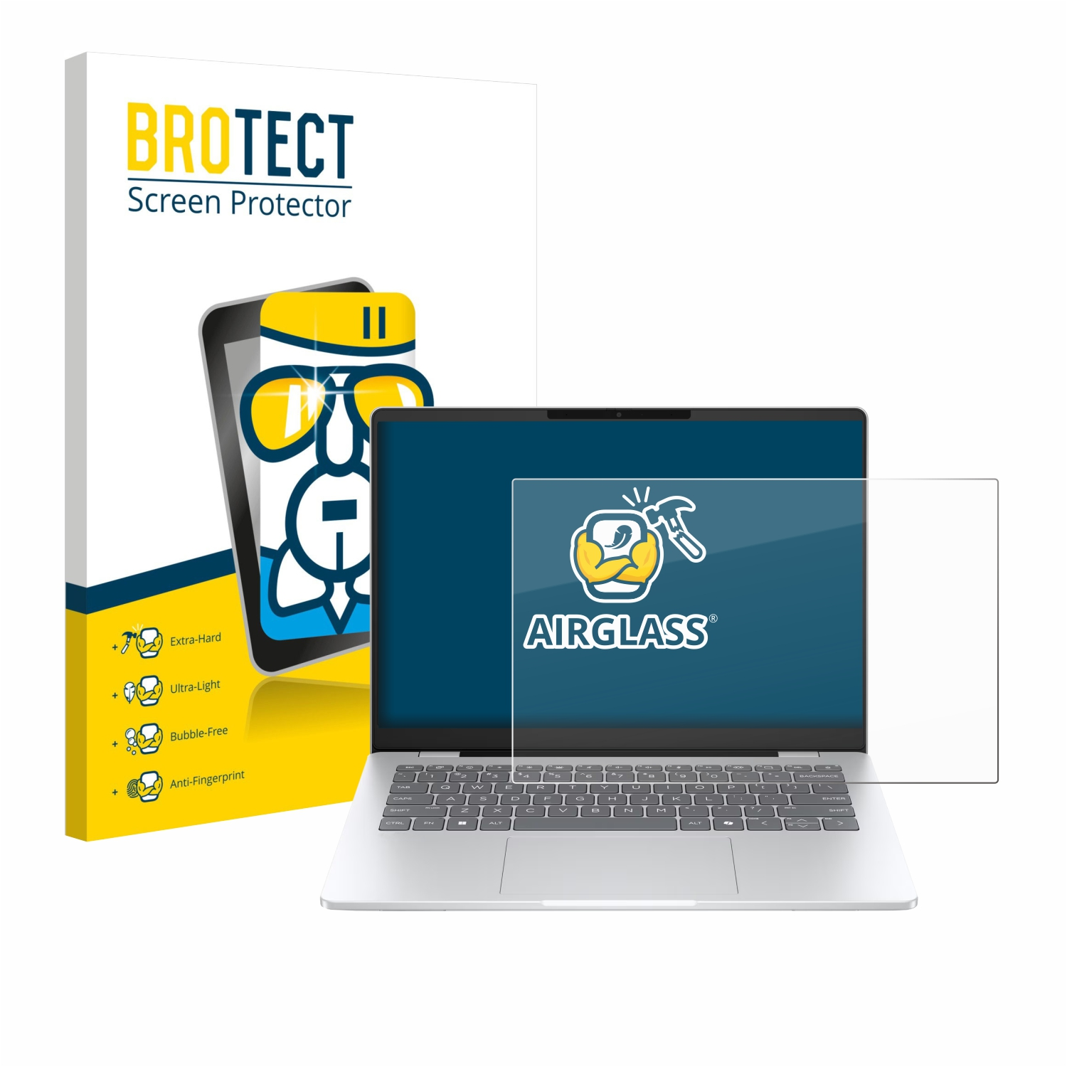 Laptop mit Displayschutzfolie, Karton mit "BROTECT"-Logo. Merkmale: Extra-Hart, Ultraleicht, Blasenfrei, Anti-Fingerabdruck. Airglass-Logo.