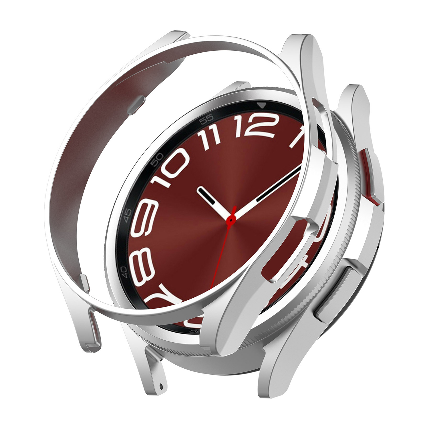 Eine silberne Smartwatch mit einem weinroten Zifferblatt. Die Zeiger sind rot. Die Uhr ist vor weißem Hintergrund isoliert.