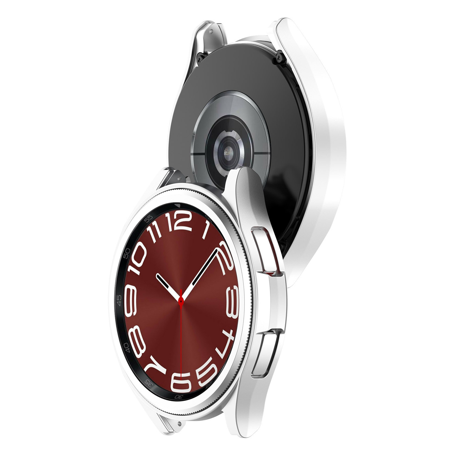 Eine silberne und weiße Smartwatch mit einem weinroten Zifferblatt, das die Uhrzeit anzeigt. Die Rückseite ist schwarz und die Uhr ist teilweise zerlegt.