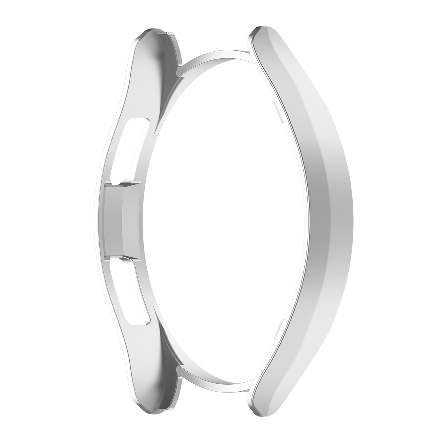 Eine weiße Schutzlünette für eine Smartwatch. Es hat ein gebogenes Design mit Öffnungen. Der Hintergrund ist weiß.
