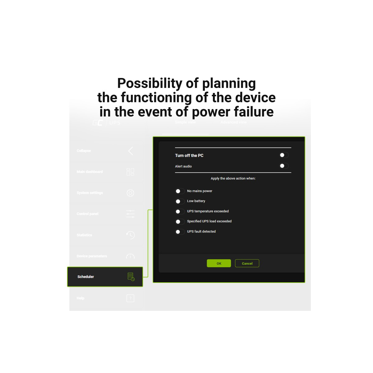 Zrzut ekranu z menu konfiguracji urządzenia. Opcje: wyłączenie komputera i ustawienie alertów w przypadku awarii zasilania.