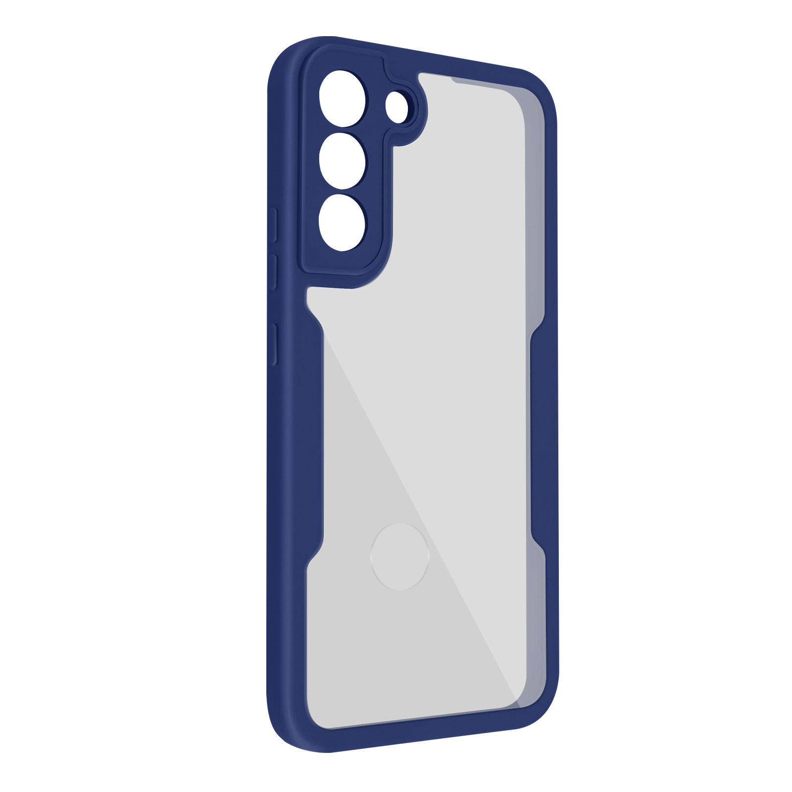 Una custodia blu per telefono con retro trasparente. Tre fori per fotocamera e un foro circolare in basso.