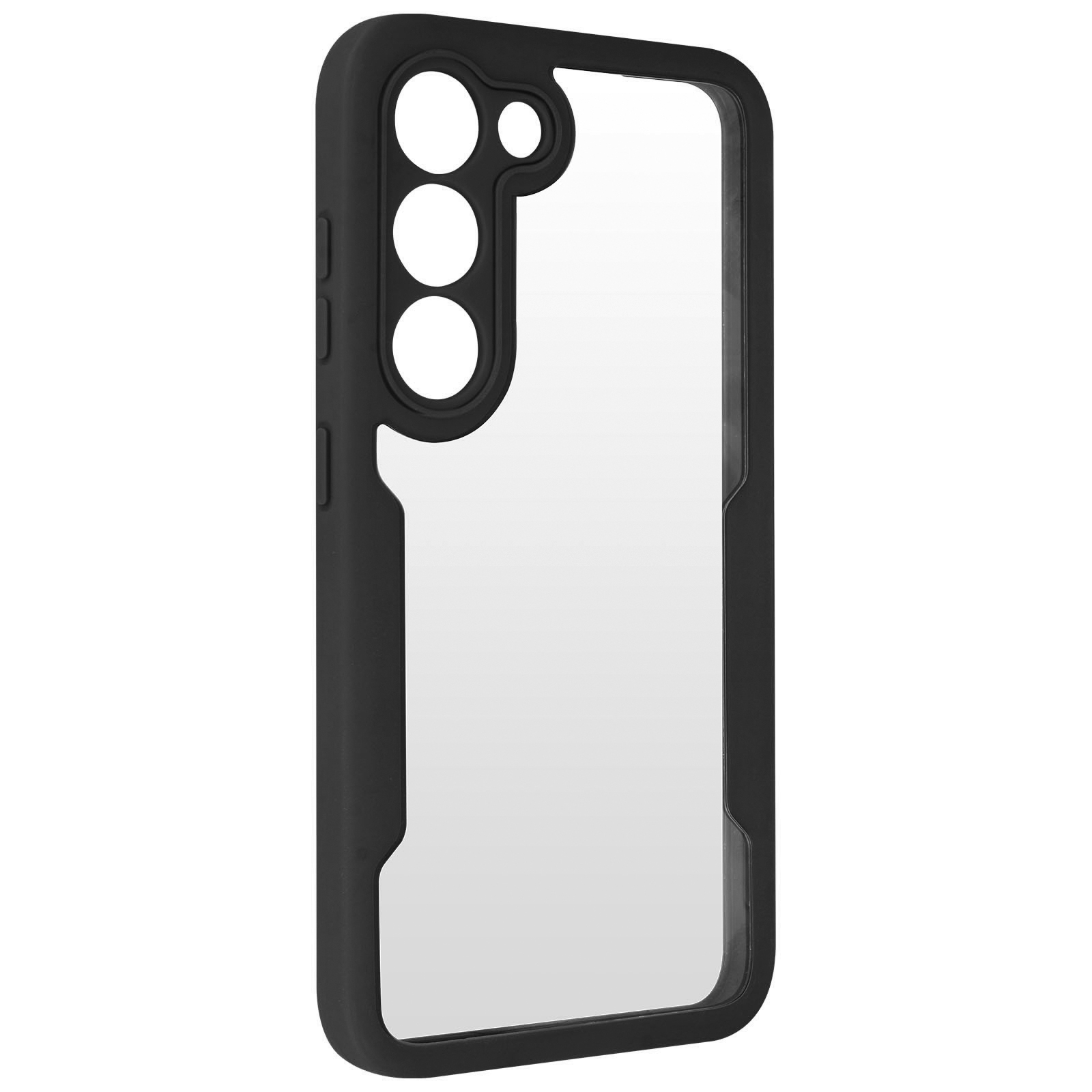 Custodia nera per telefono con retro trasparente. Ha fori per la fotocamera. La custodia è vuota.