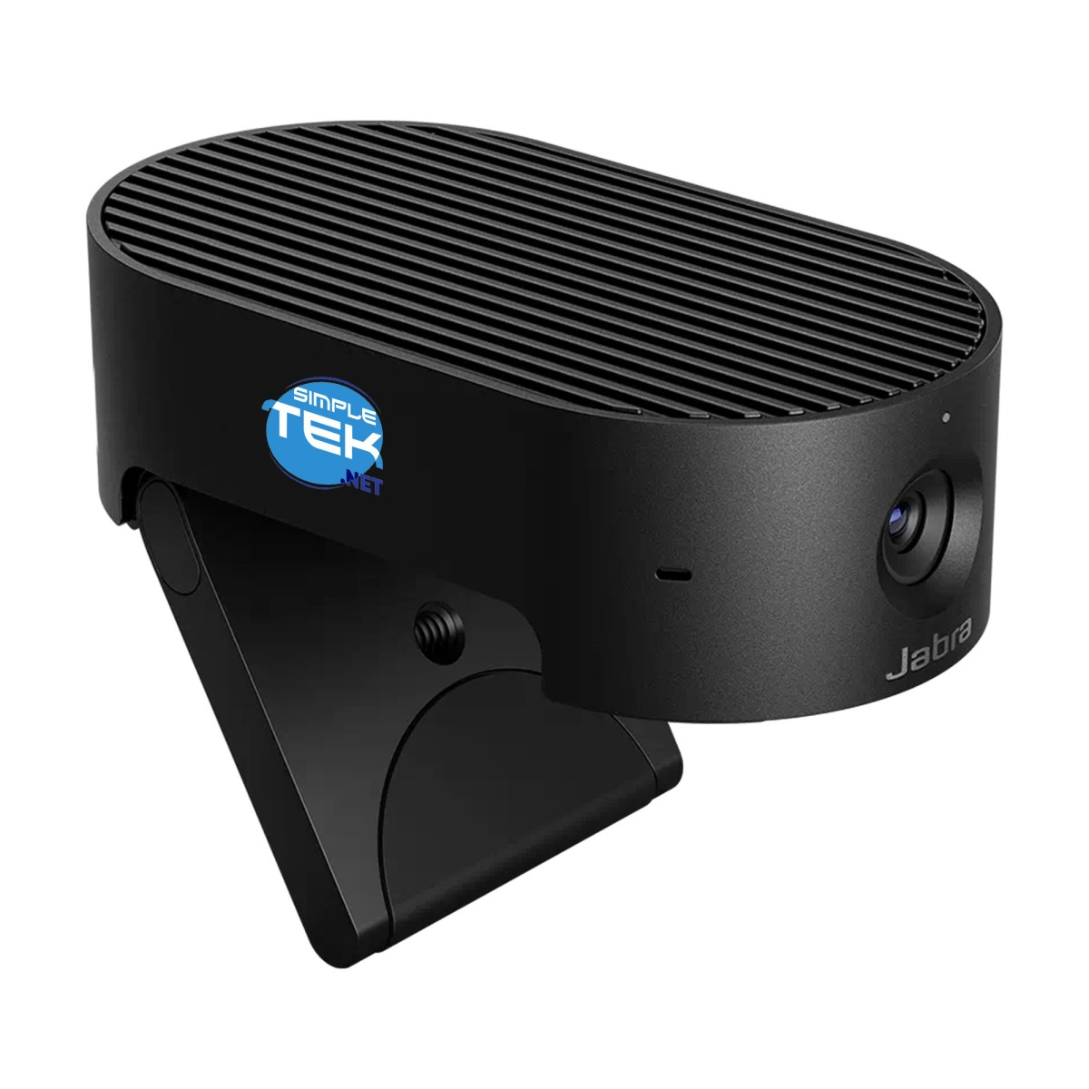 Webcam Jabra nera con logo Simple Tek. Ha un corpo rettangolare con la parte superiore a coste e un supporto regolabile.
