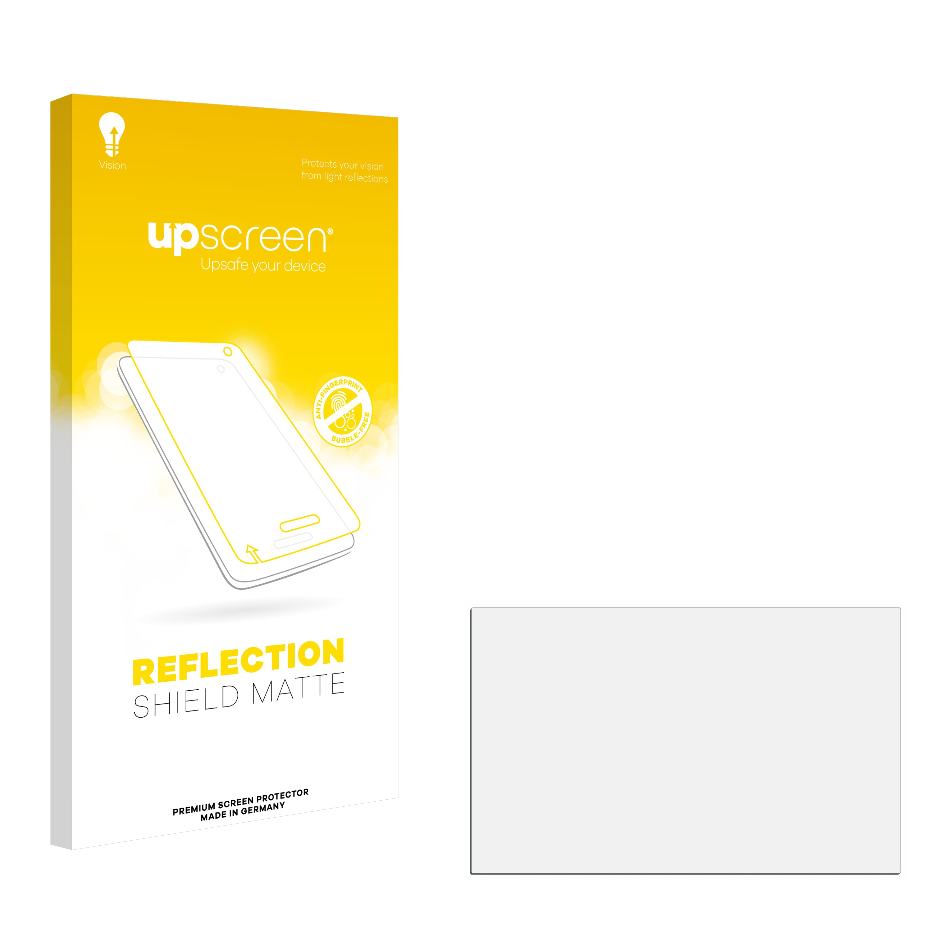 Eine Produktbox mit einem Bildschirmschutz. Gelb und Weiß dominieren. Text enthält 'upscreen' und 'REFLECTION'.