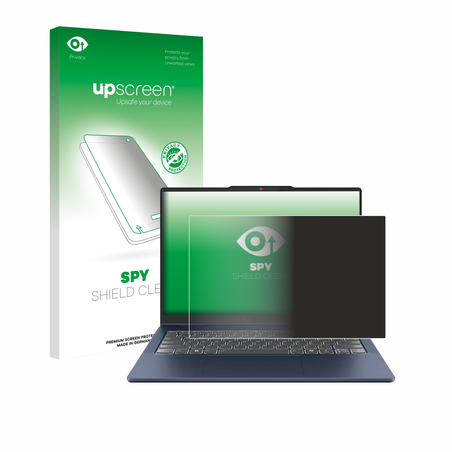 Laptop mit Blickschutzfolie, Karton mit Produktdetails. Grünes Logo und Text auf dem Bildschirm und der Box. Dunkler Displayschutz.