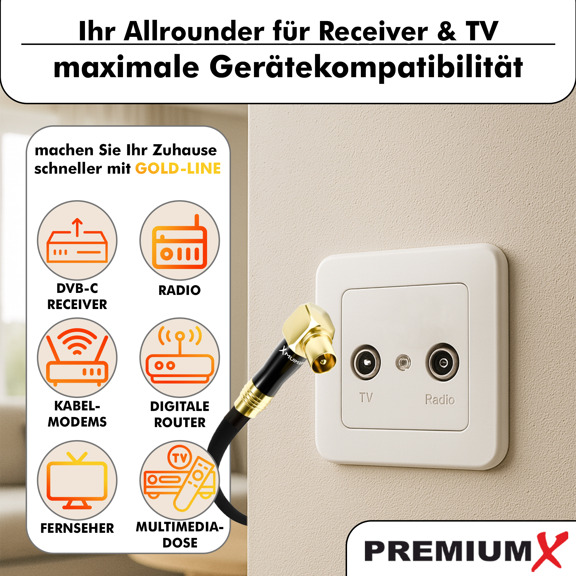 Das Bild zeigt ein Koaxialkabel, das in eine Wandsteckdose mit der Aufschrift TV und Radio eingesteckt ist.