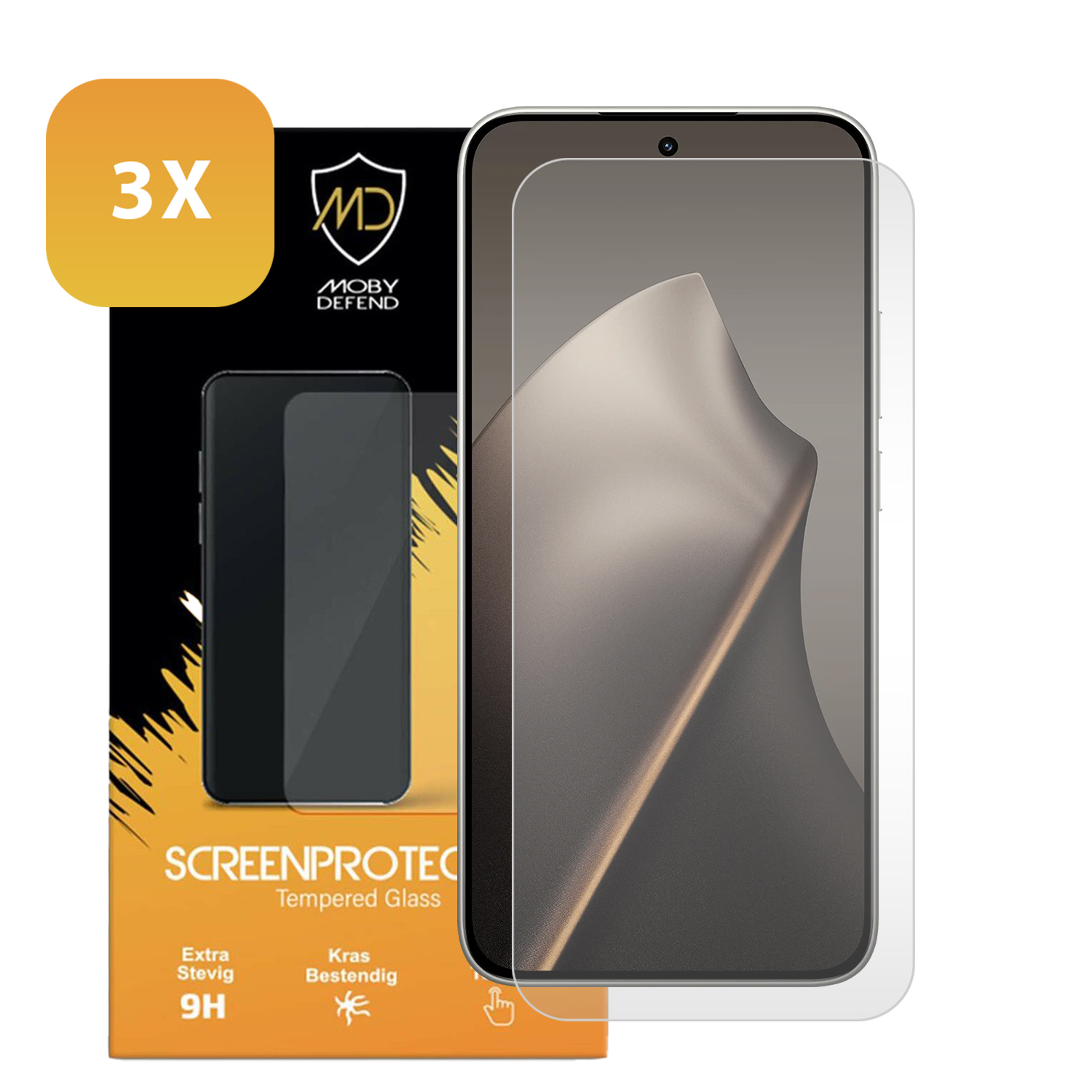 Un téléphone avec un protecteur d'écran est affiché à côté de la boîte du protecteur. La boîte indique 'Screen Protector' et 'Tempered Glass'.