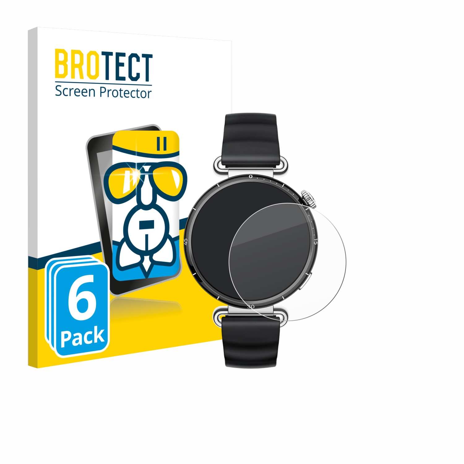 Eine Smartwatch neben einer Displayschutzfolienbox. Auf der Box steht BROTECT Displayschutz und 6er-Pack. Auf der Box befindet sich ein telefonähnliches Bild.
