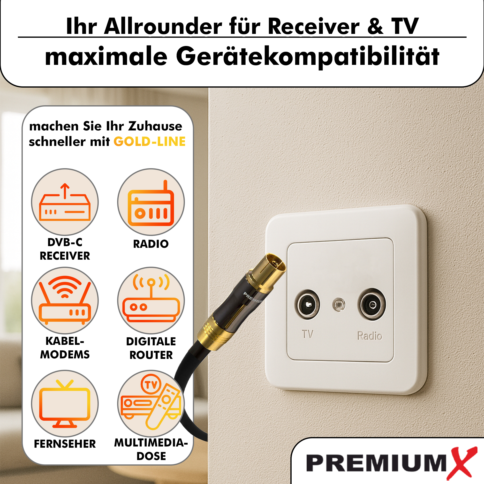 Das Bild zeigt ein Koaxialkabel, eine Wandsteckdose für TV und Radio sowie Symbole für Geräte wie Modems und Receiver.