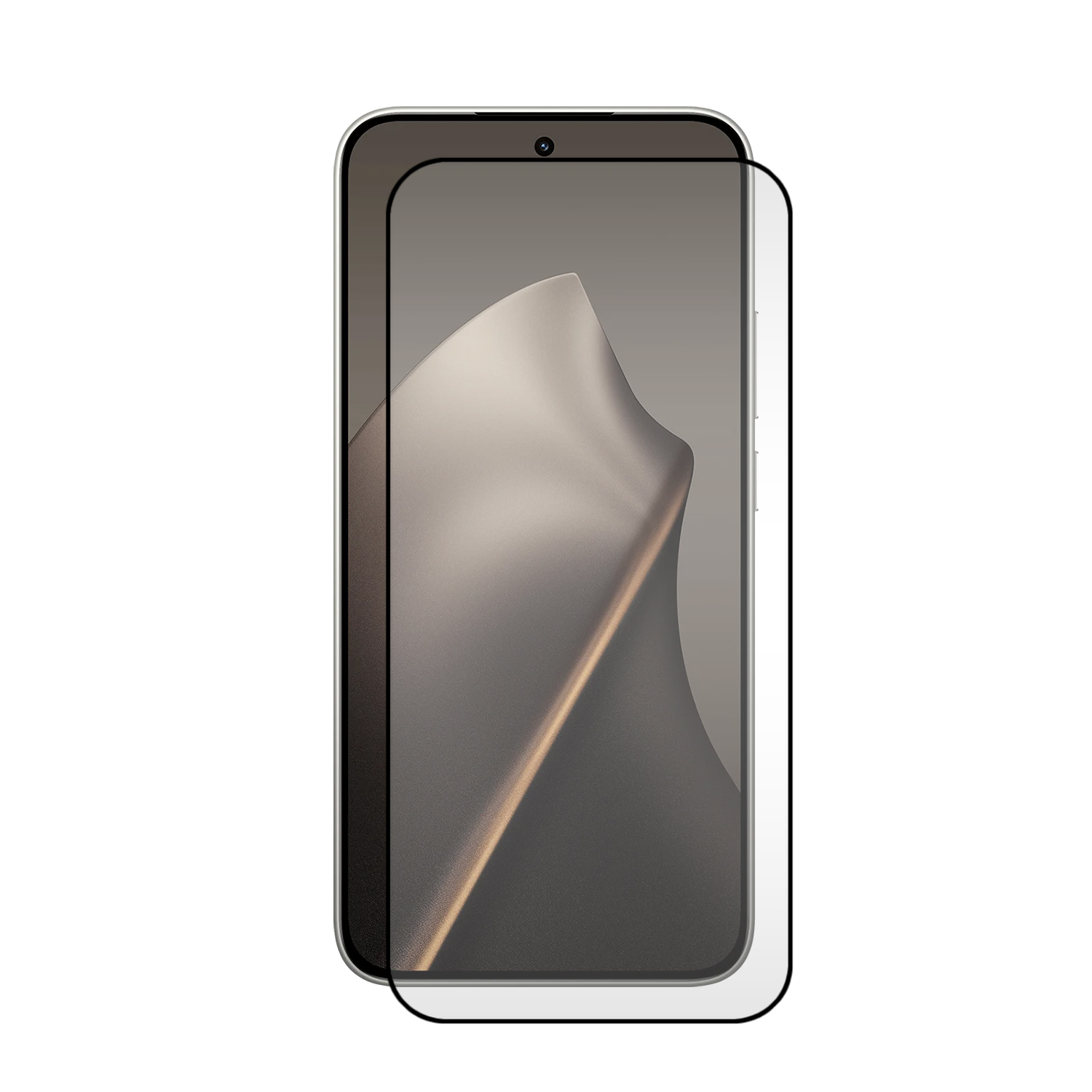 Een smartphone met een schermbeschermer. De telefoon is zilverkleurig met een zwarte schermbeschermer. Het scherm toont een beige abstracte afbeelding.