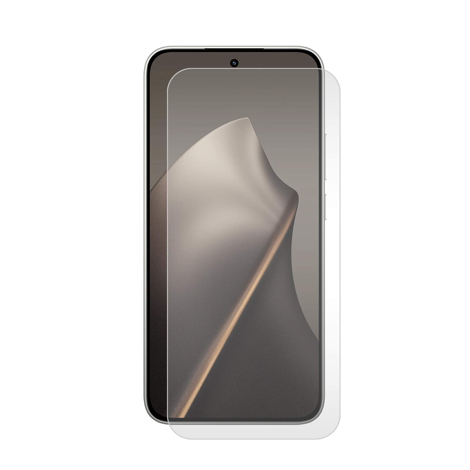 Een smartphone met een schermbeschermer erop. Het scherm toont een gradiëntafbeelding. De telefoon staat tegen een witte achtergrond.