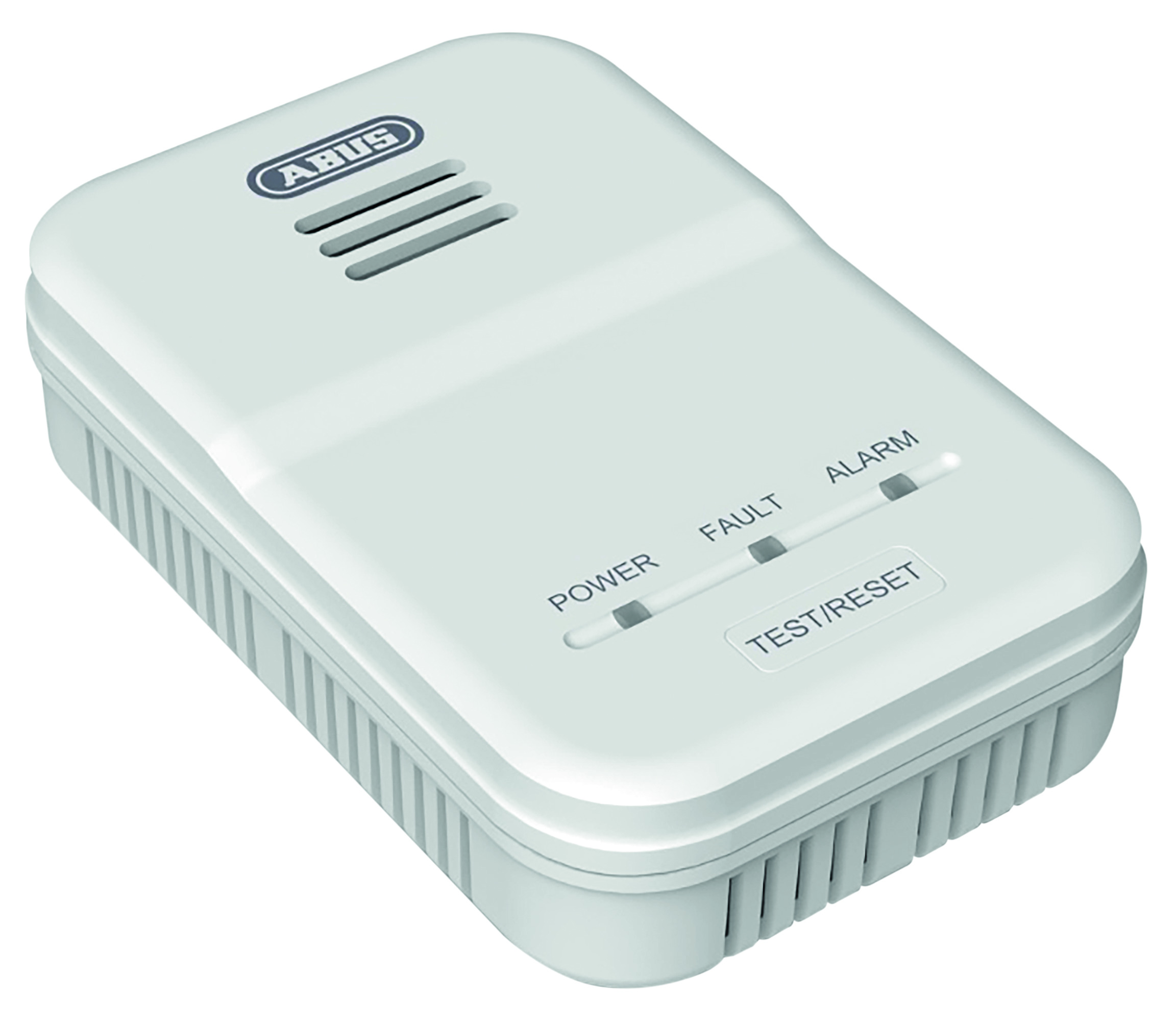 Weißes rechteckiges Gerät mit ABUS-Logo und Kontrollleuchten für Strom, Fehler und Alarm. Mit Test-/Reset-Taste.